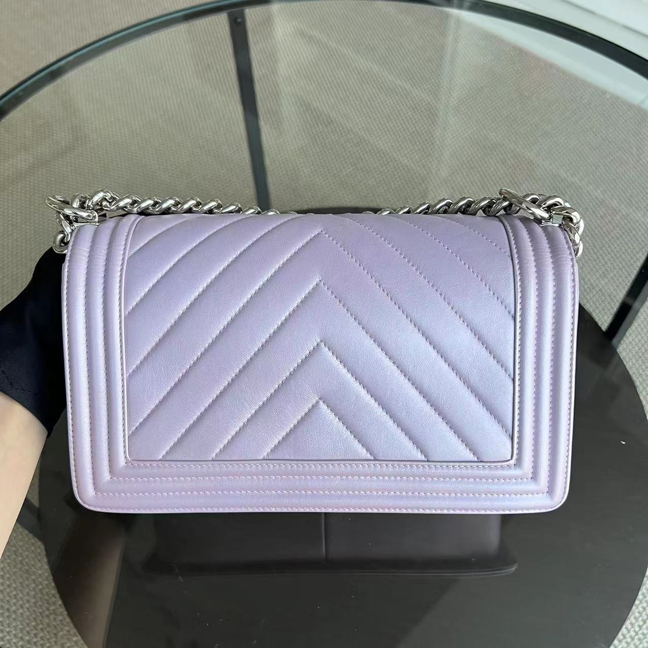 Chanel Boy Old Medium 25CM Chevron Calfskin Iridescent Pink Light Golden Hardware Series 25 - Luxury Evermore