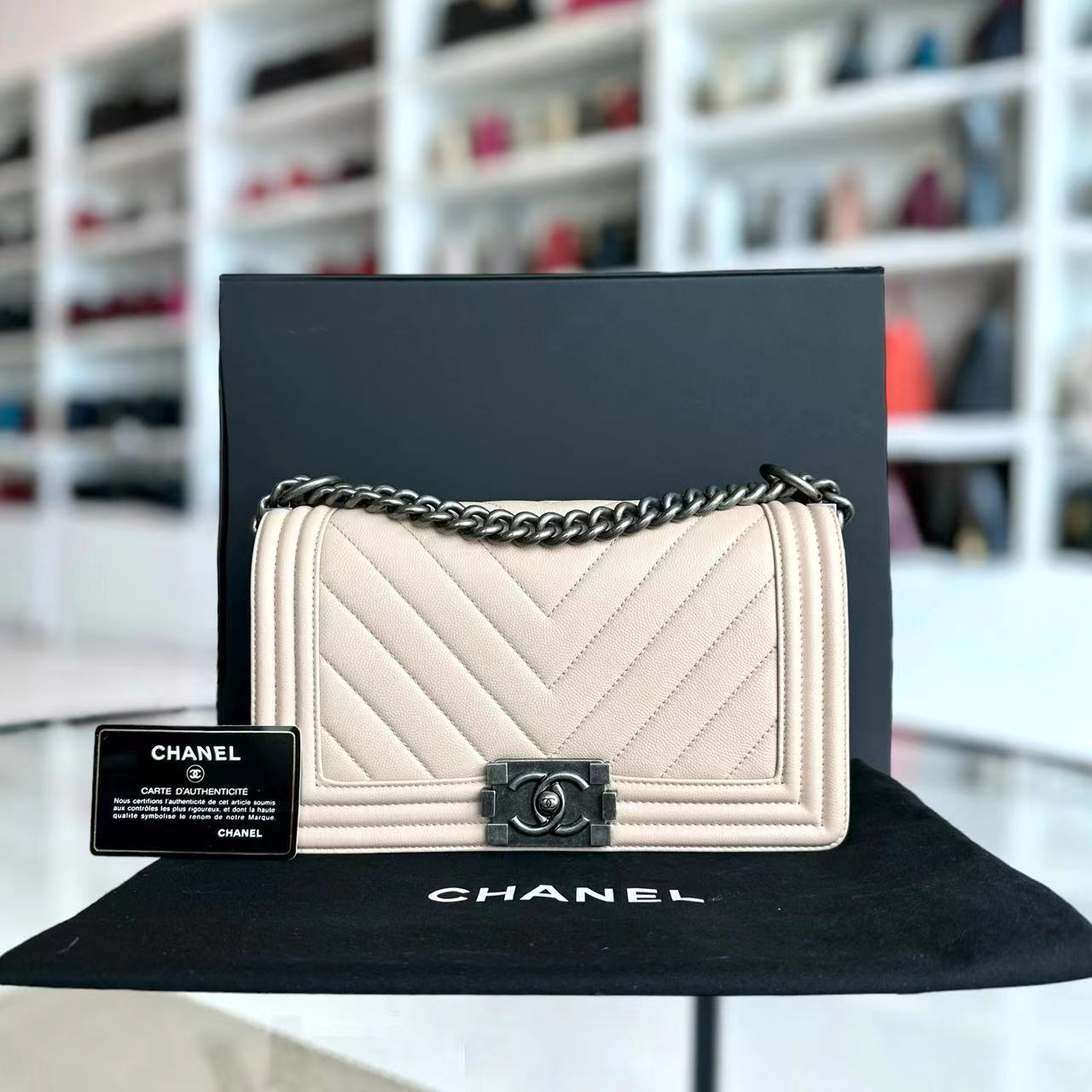 Chanel Boy Old Medium 25CM Chevron Light Pink Nude Leboy Silver Hardware Series 24 - Luxury Evermore