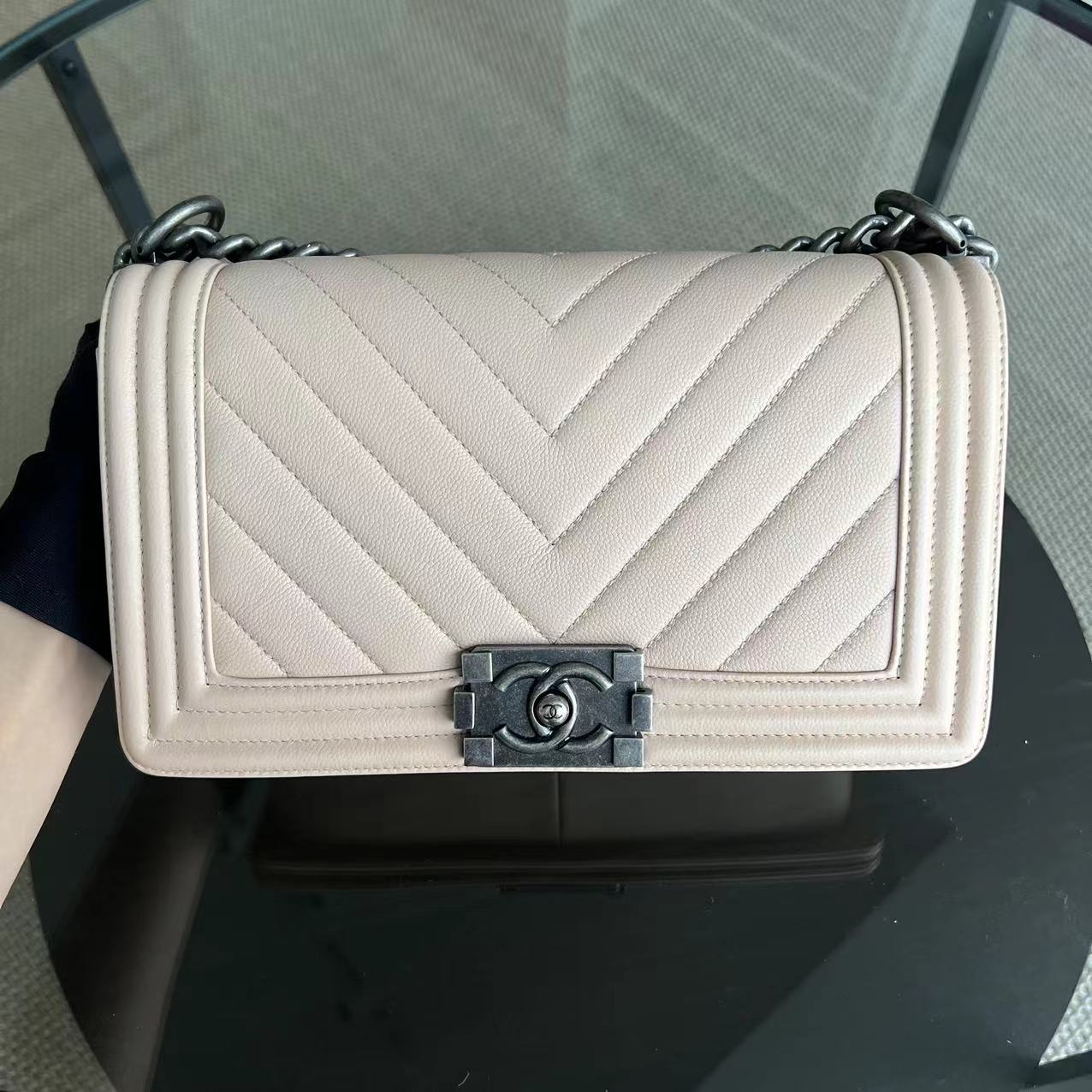 Chanel Boy Old Medium 25CM Chevron Light Pink Nude Leboy Silver Hardware Series 24 - Luxury Evermore