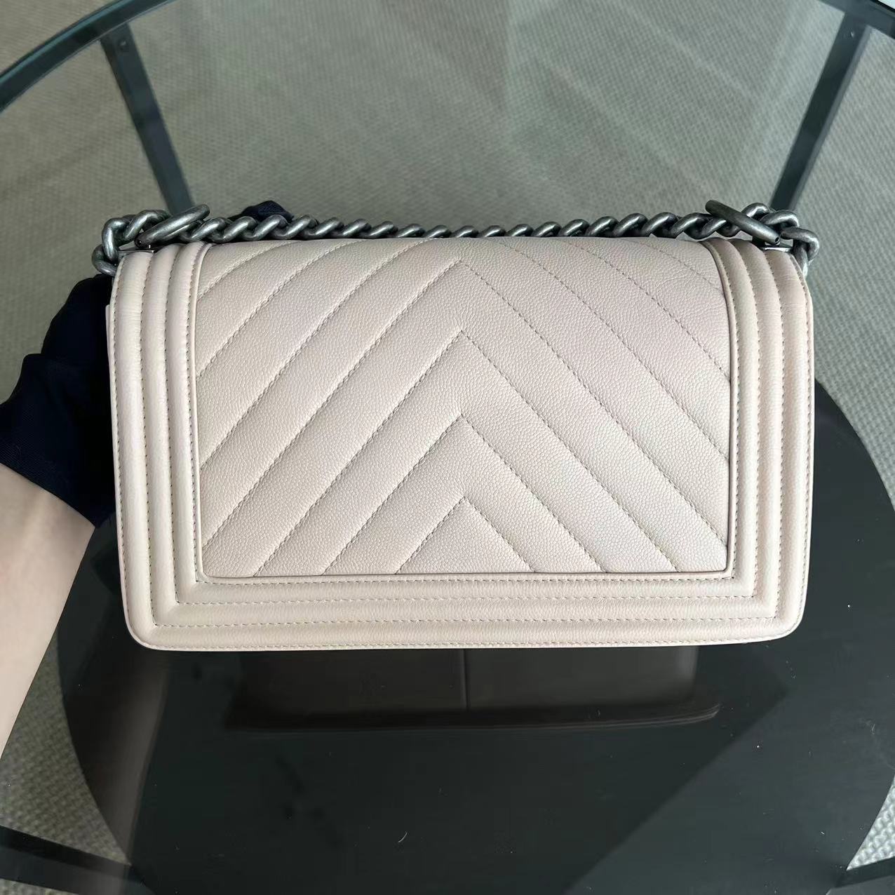 Chanel Boy Old Medium 25CM Chevron Light Pink Nude Leboy Silver Hardware Series 24 - Luxury Evermore