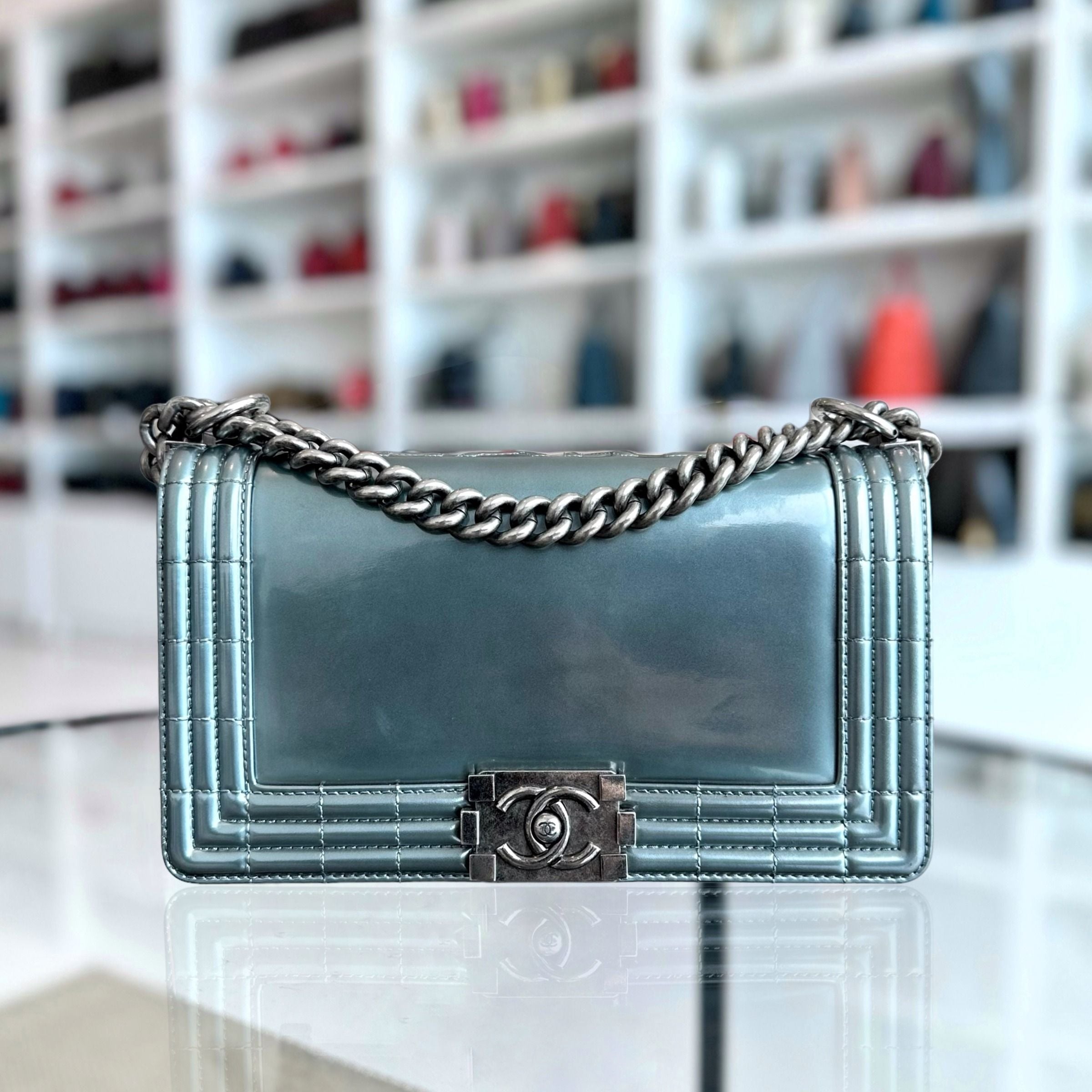 Chanel Boy Old Medium 25CM Glazed Calfskin Patent Leather Light Blue SHW No 16 - Luxury Evermore