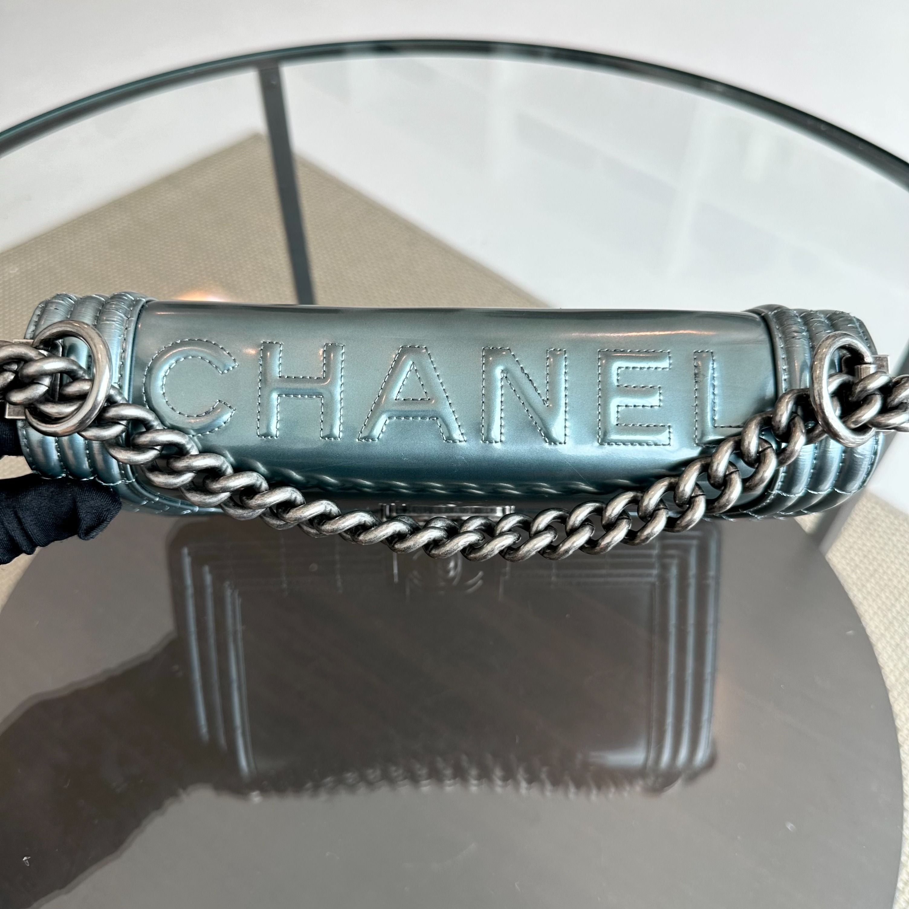 Chanel Boy Old Medium 25CM Glazed Calfskin Patent Leather Light Blue SHW No 16 - Luxury Evermore