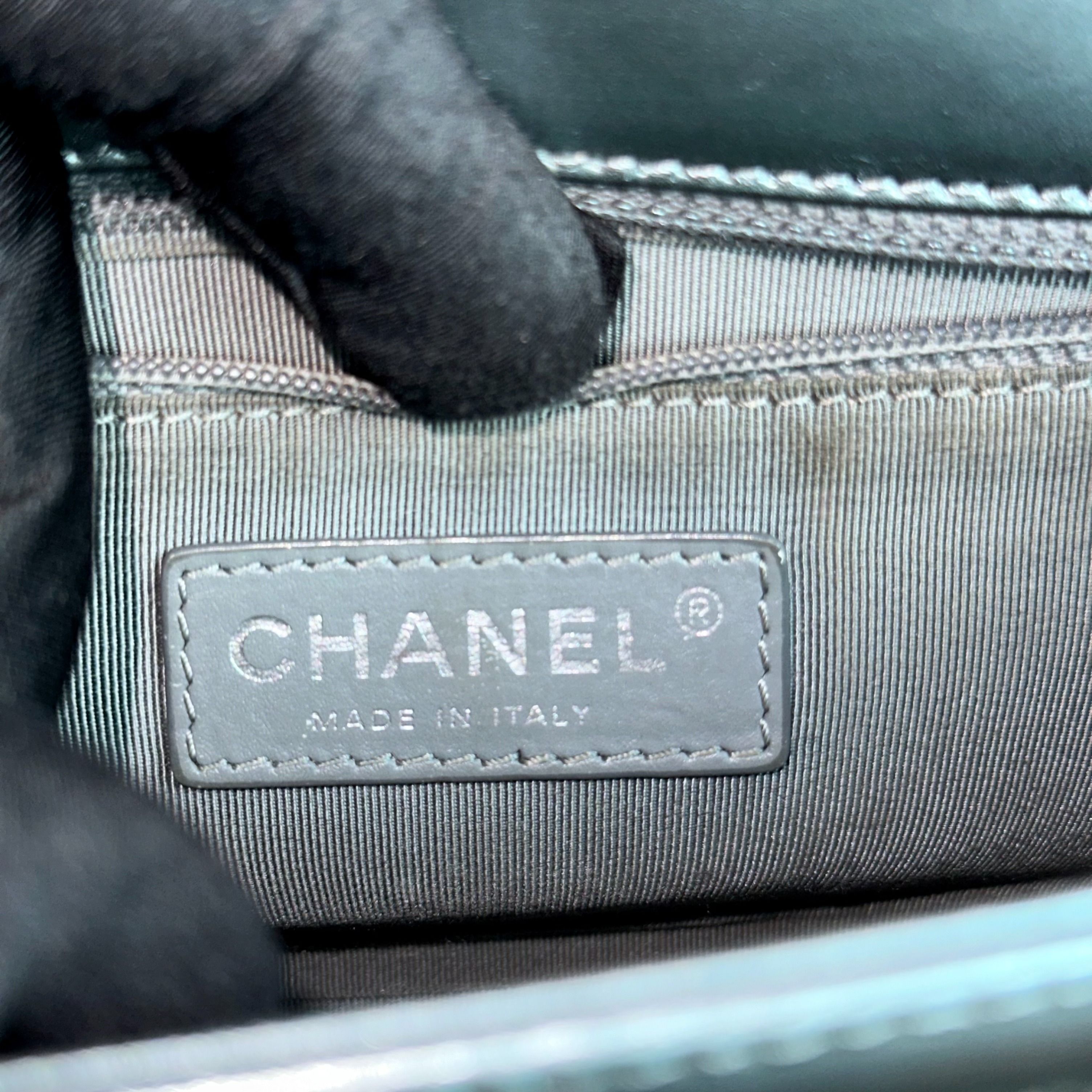 Chanel Boy Old Medium 25CM Glazed Calfskin Patent Leather Light Blue SHW No 16 - Luxury Evermore