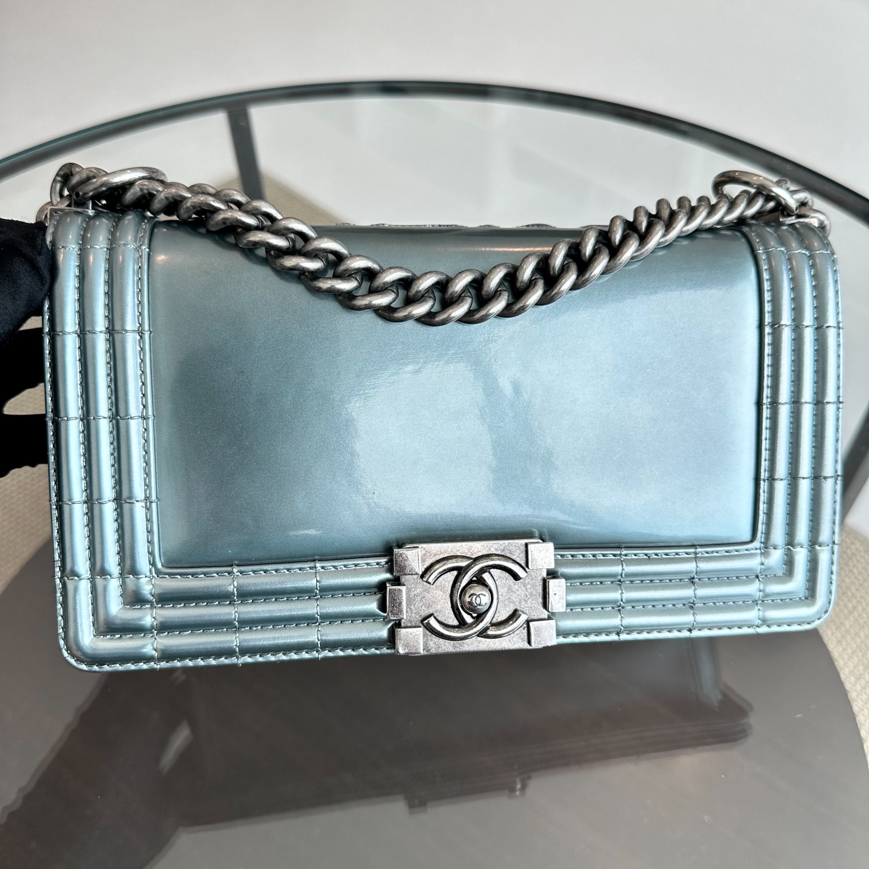 Chanel Boy Old Medium 25CM Glazed Calfskin Patent Leather Light Blue SHW No 16 - Luxury Evermore