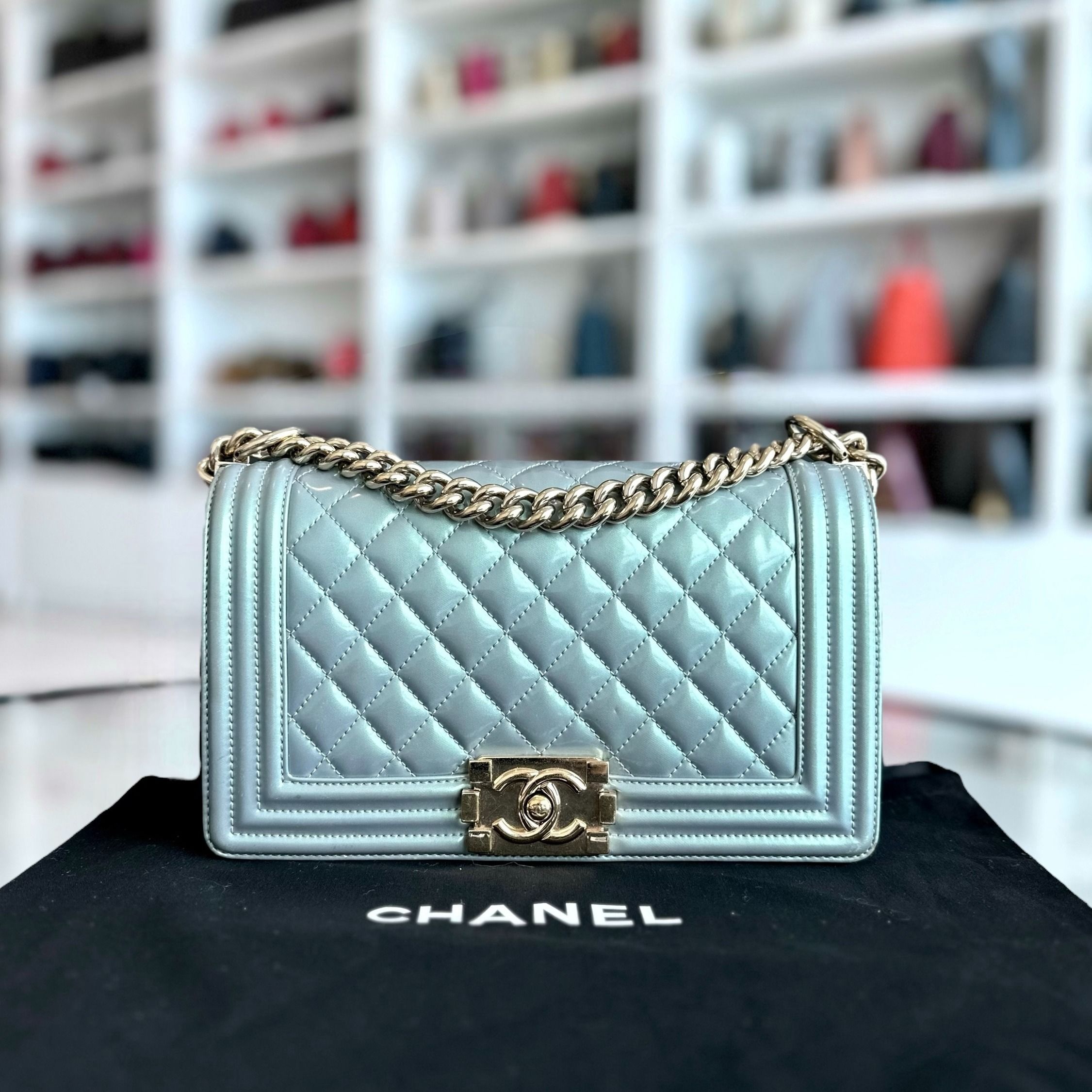 Chanel Boy Old Medium 25CM Iridescent Calfskin Leboy Light Blue GHW No 22 - Luxury Evermore