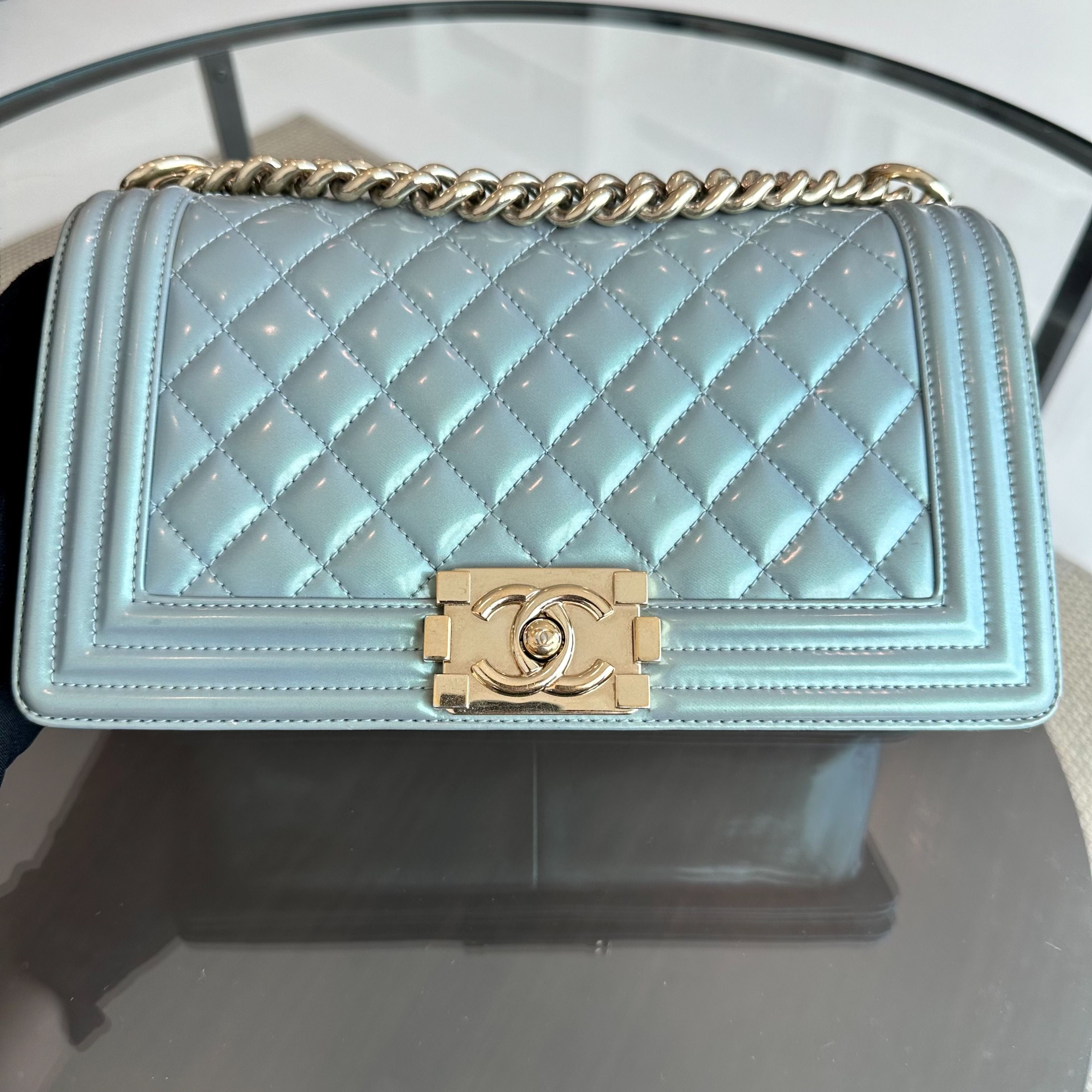 Chanel Boy Old Medium 25CM Iridescent Calfskin Leboy Light Blue GHW No 22 - Luxury Evermore