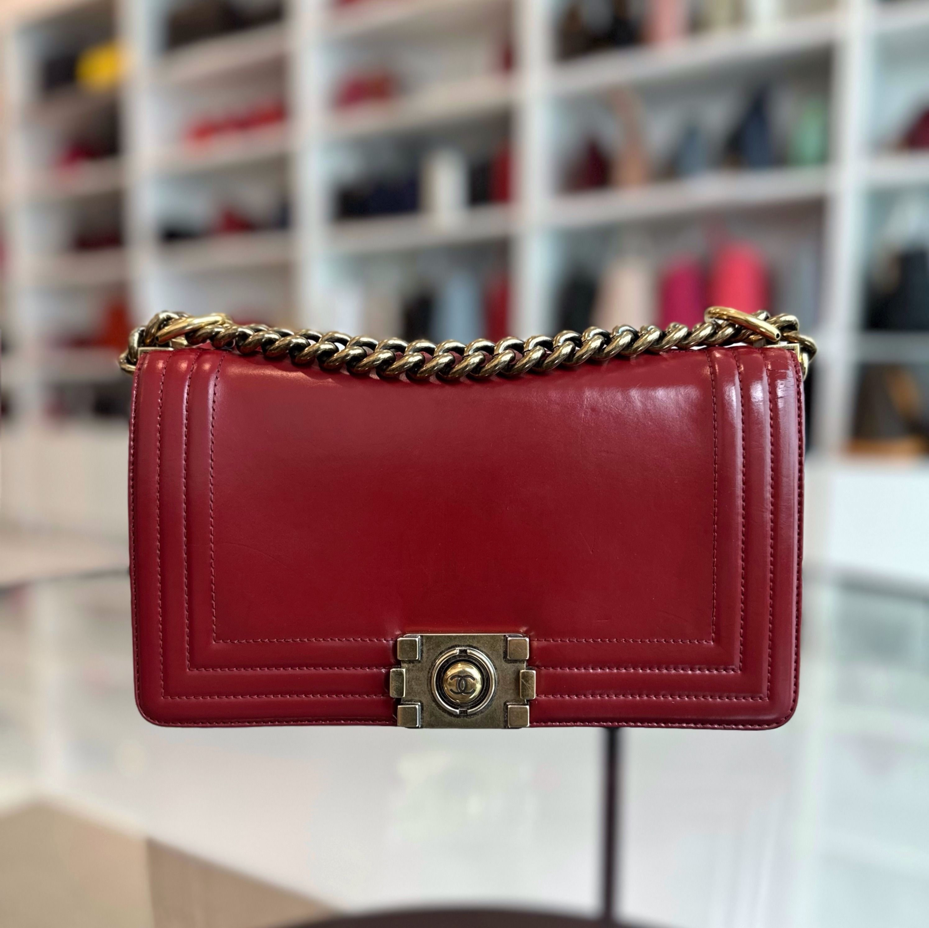 Chanel Boy Old Medium 25CM Lambskin Burgundy Flap No 15 - Luxury Evermore