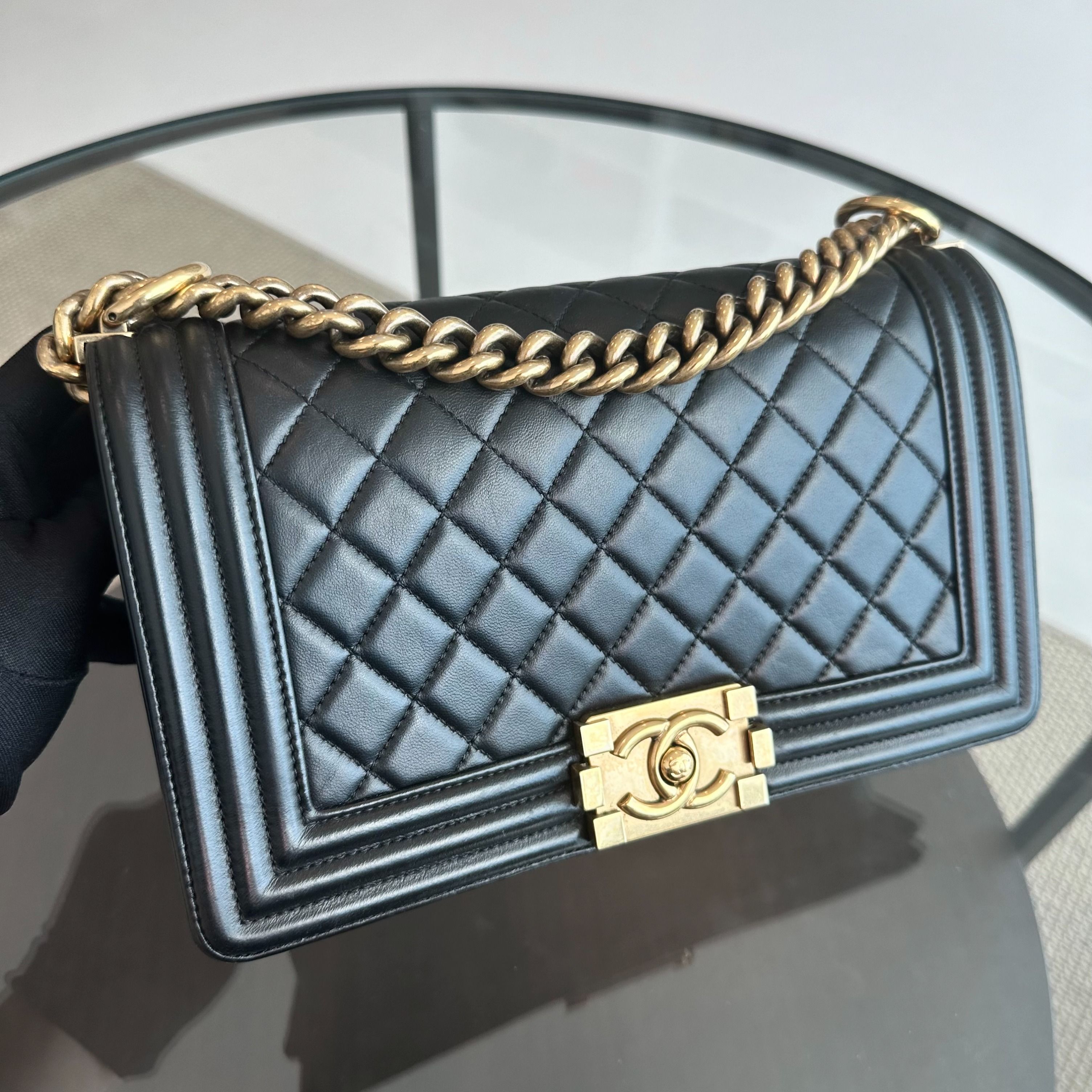 Chanel Boy Old Medium 25CM Lambskin Leboy Black GHW No 19 - Luxury Evermore