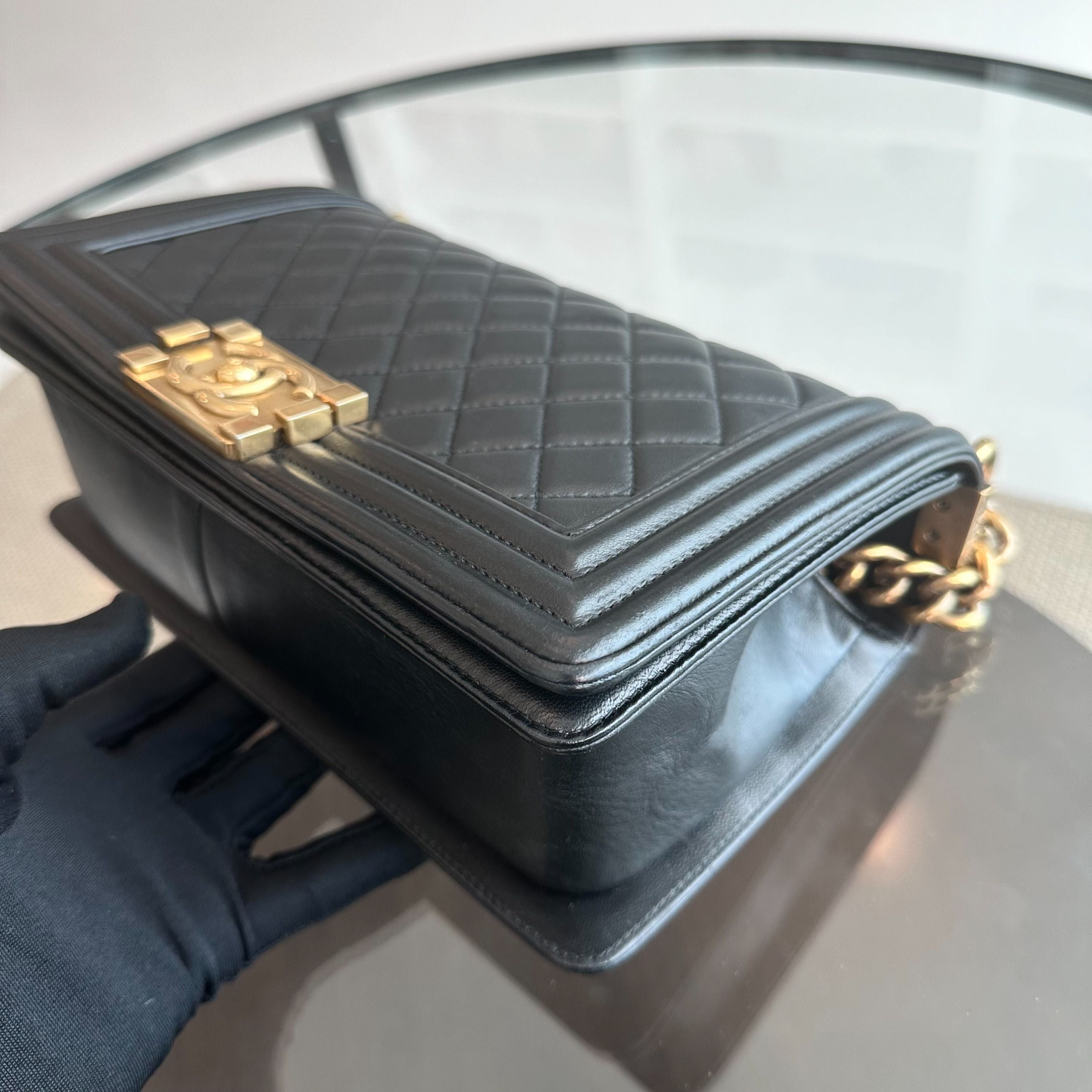 Chanel Boy Old Medium 25CM Lambskin Leboy Black GHW No 19 - Luxury Evermore