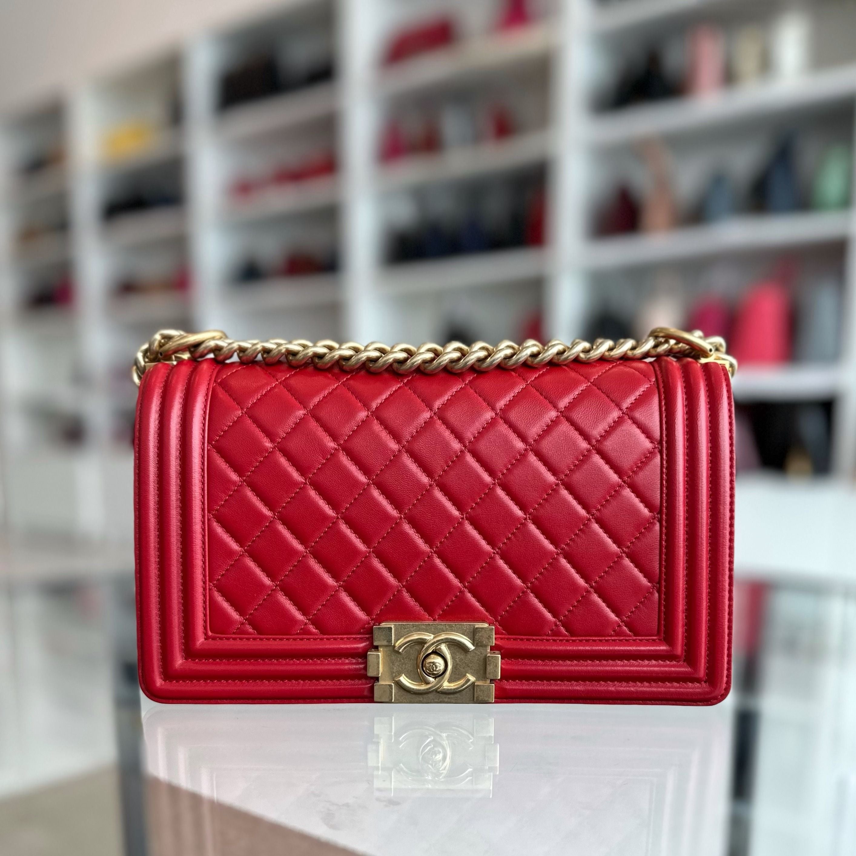 Chanel Boy Old Medium 25CM Lambskin Leboy Red GHW No 21 - Luxury Evermore