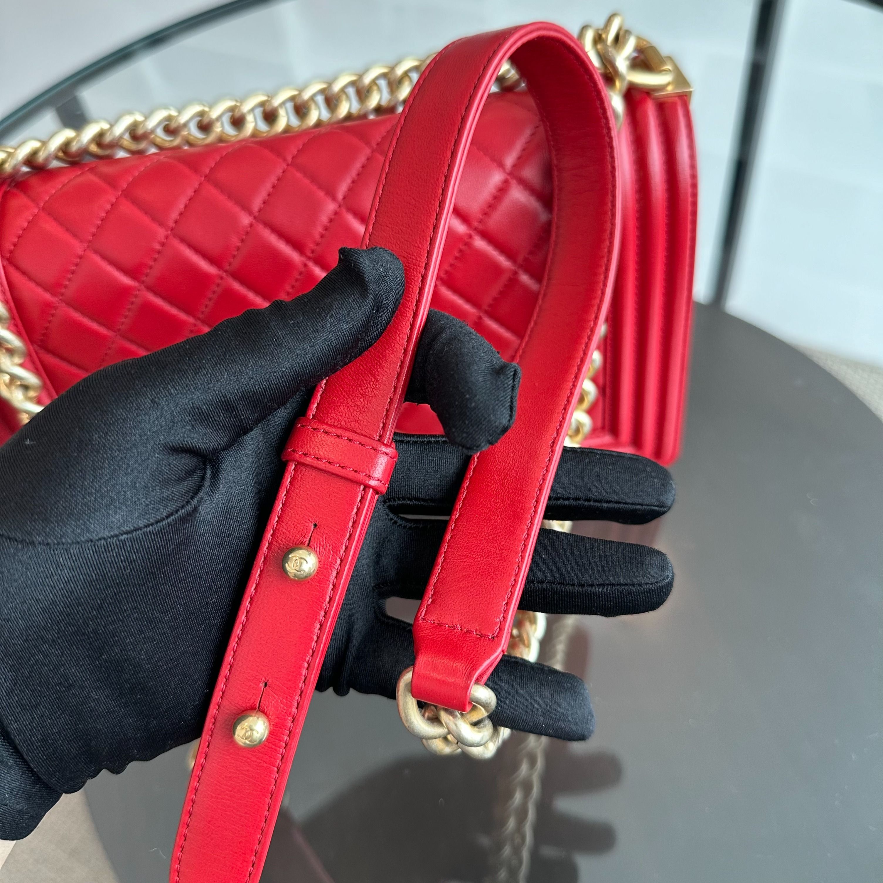 Chanel Boy Old Medium 25CM Lambskin Leboy Red GHW No 21 - Luxury Evermore