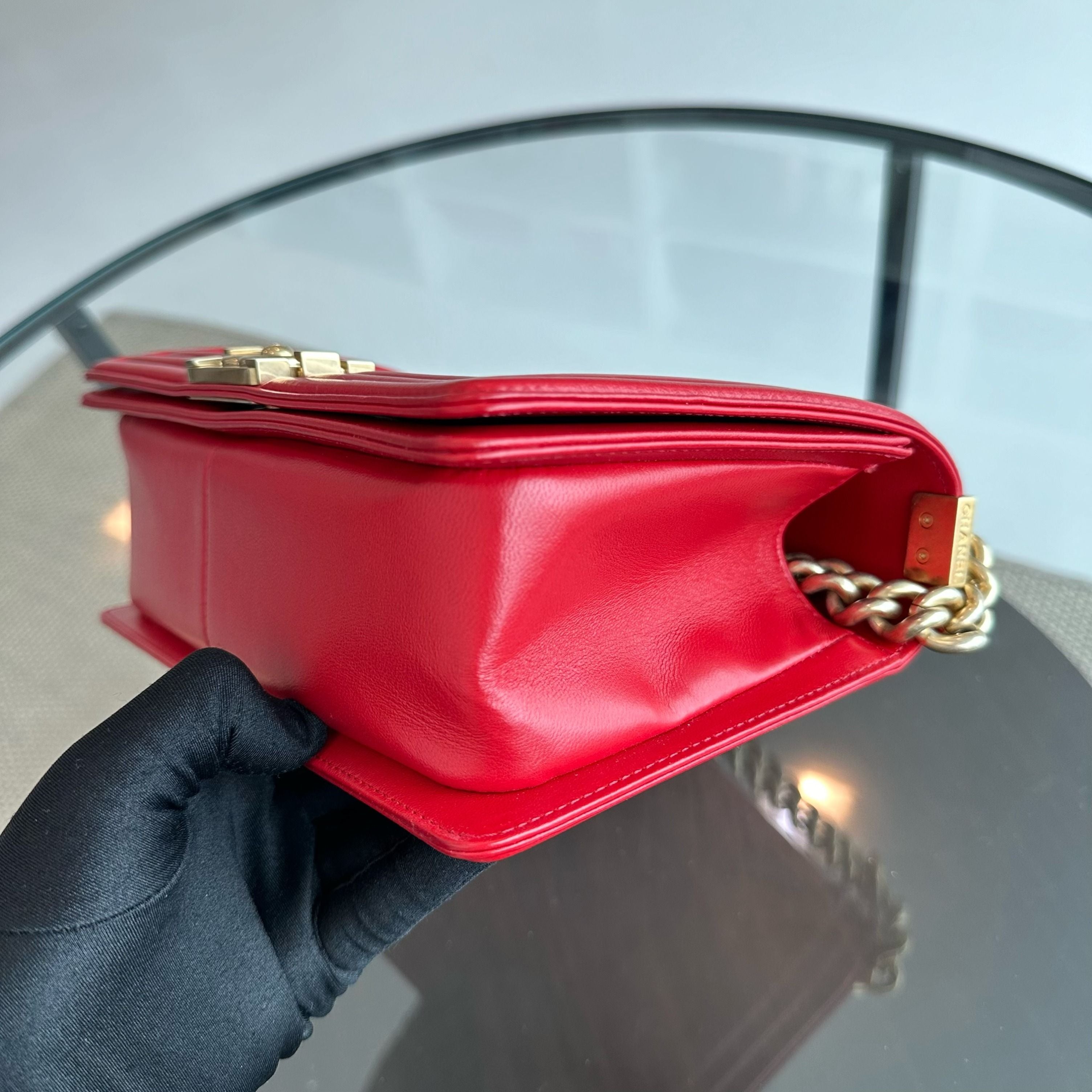 Chanel Boy Old Medium 25CM Lambskin Leboy Red GHW No 21 - Luxury Evermore