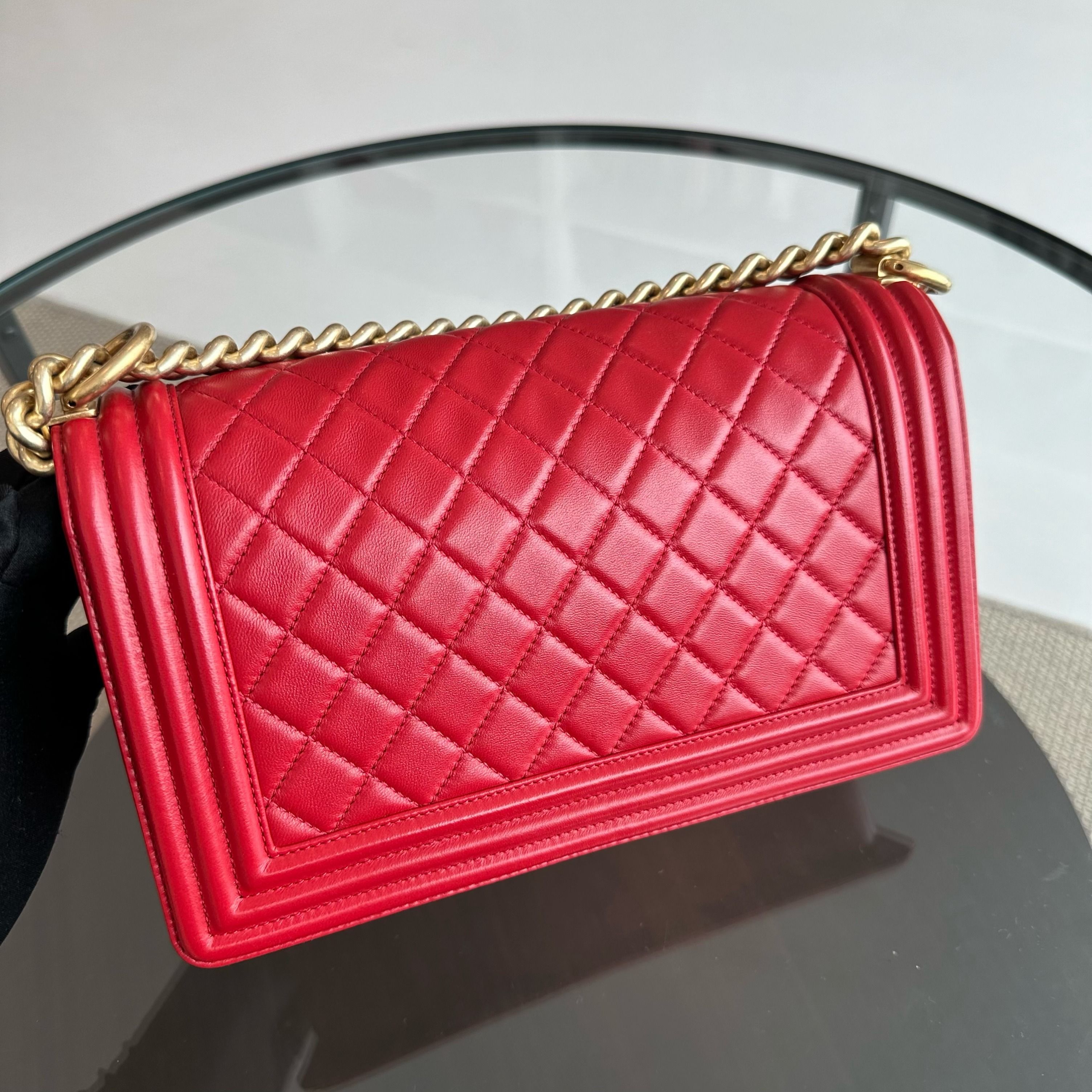 Chanel Boy Old Medium 25CM Lambskin Leboy Red GHW No 21 - Luxury Evermore