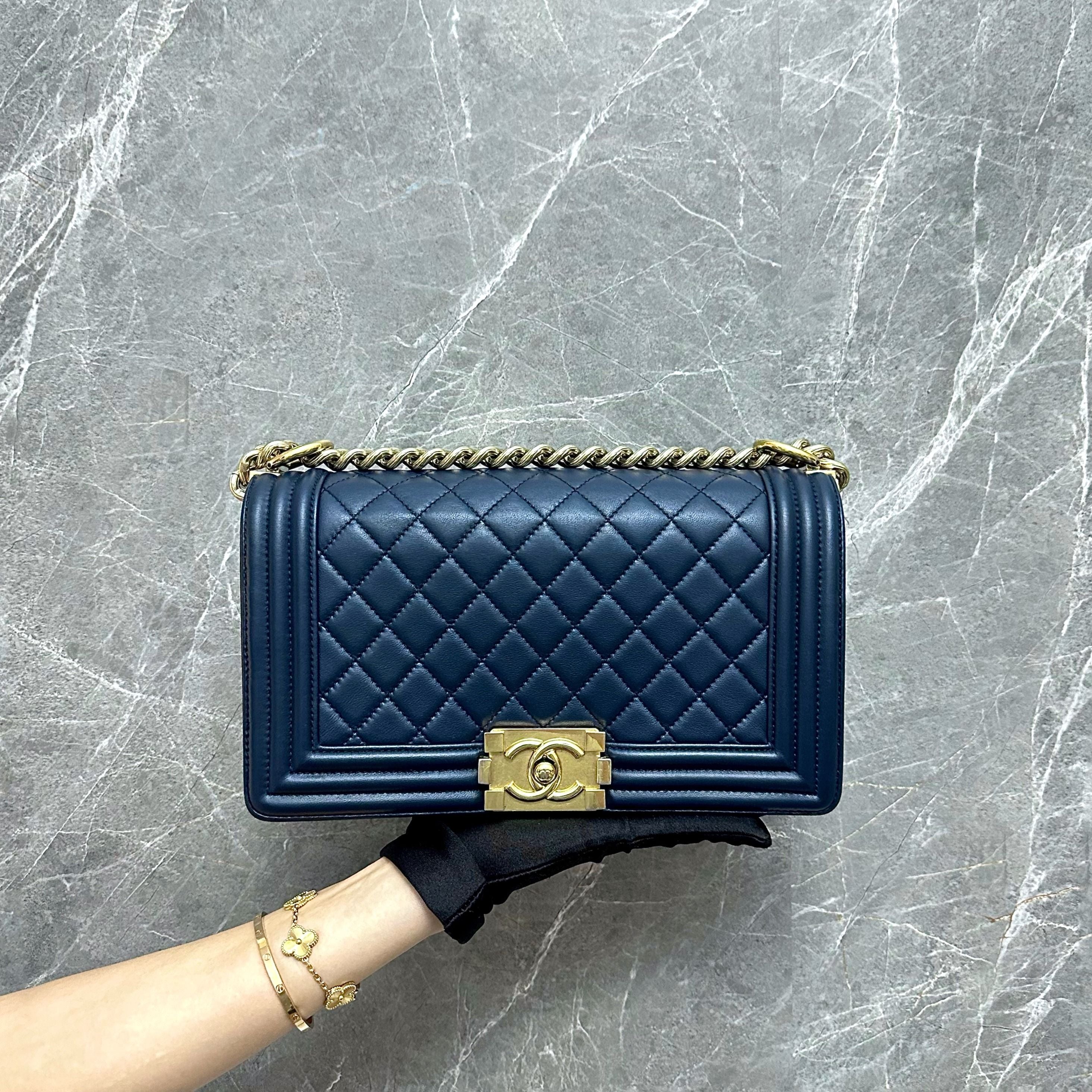 Chanel Boy Old Medium 25cm Lambskin Navy Blue GHW No 24 - Luxury Evermore