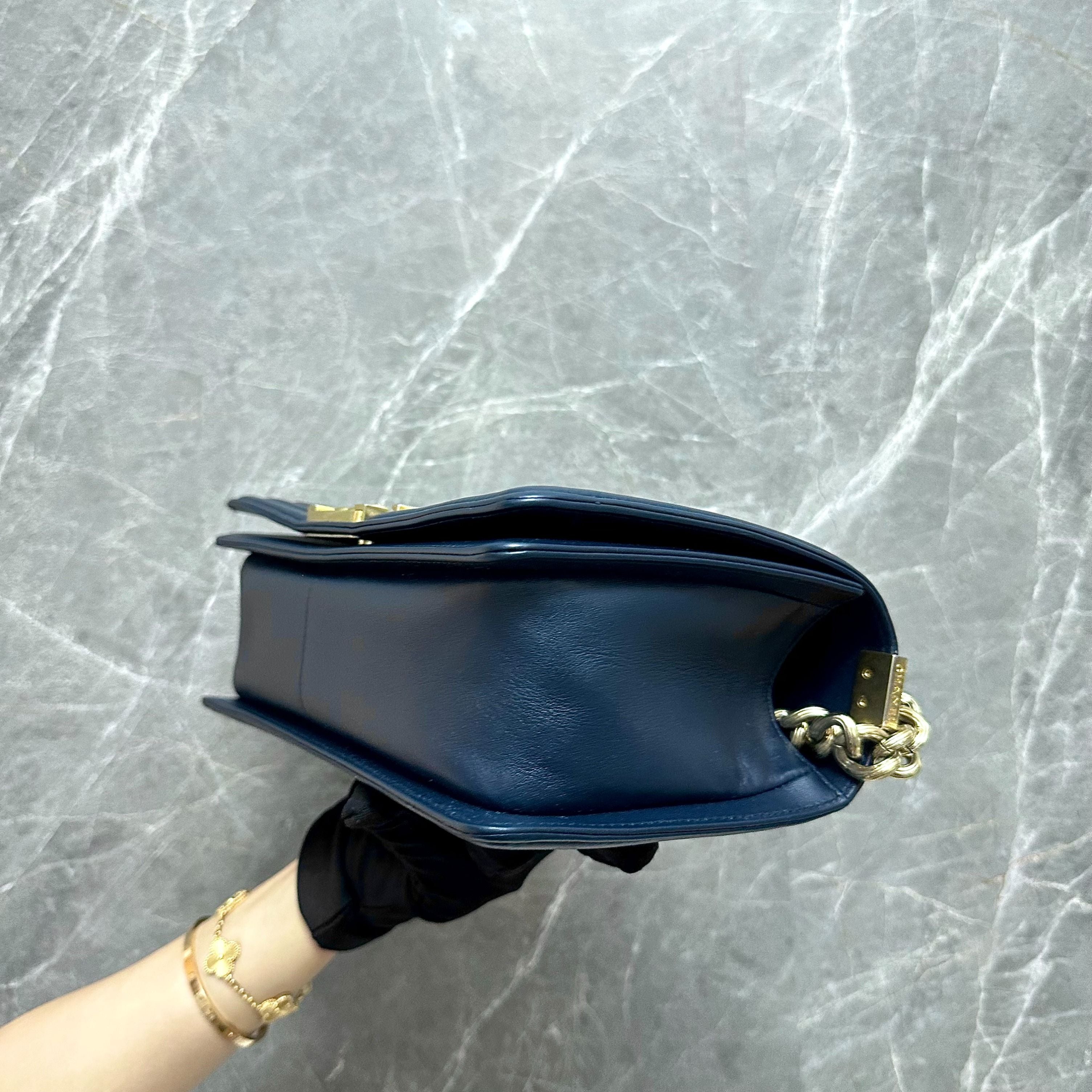 Chanel Boy Old Medium 25cm Lambskin Navy Blue GHW No 24 - Luxury Evermore