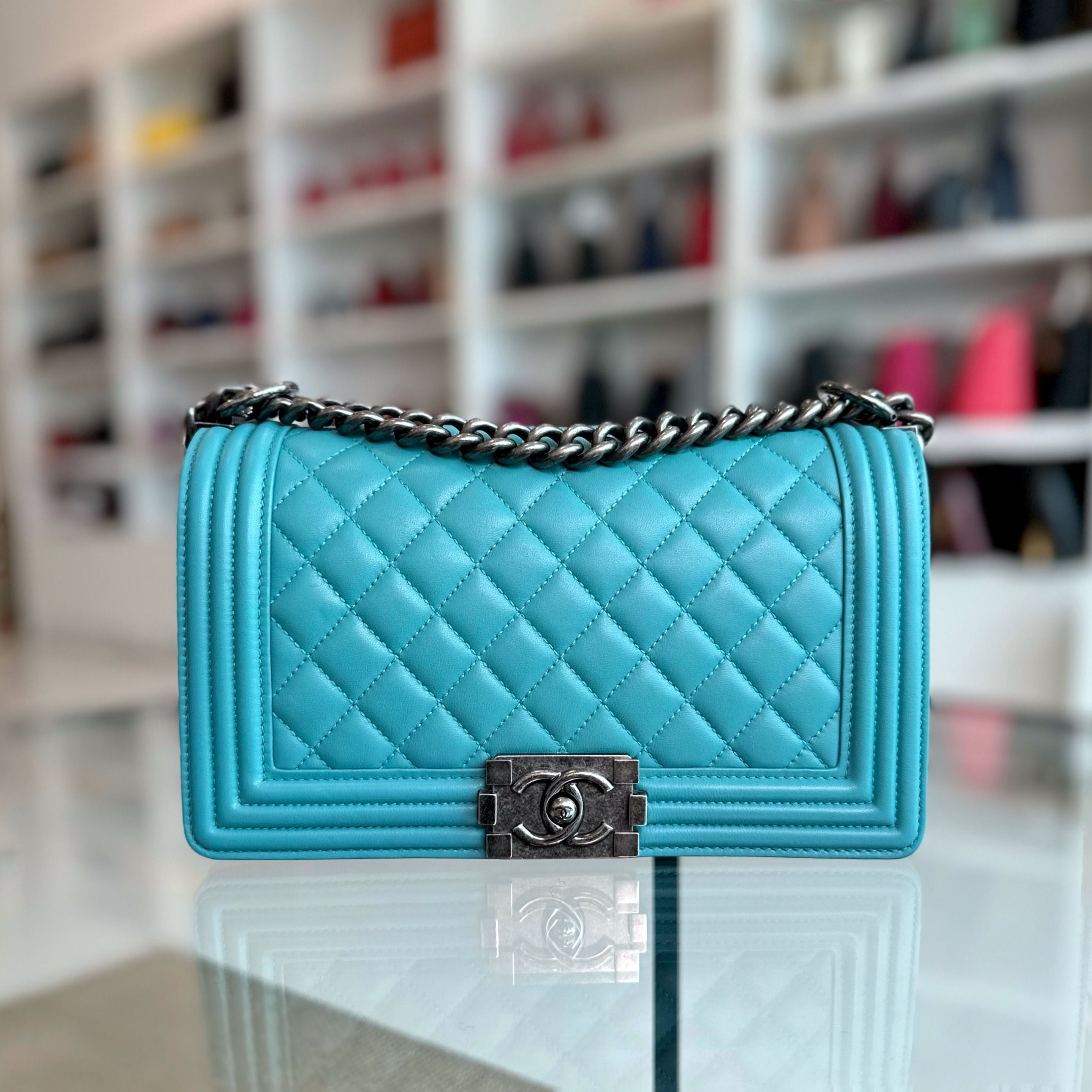 Chanel Boy Old Medium 25cm Lambskin Tiffany Baby Blue No 19 - Luxury Evermore