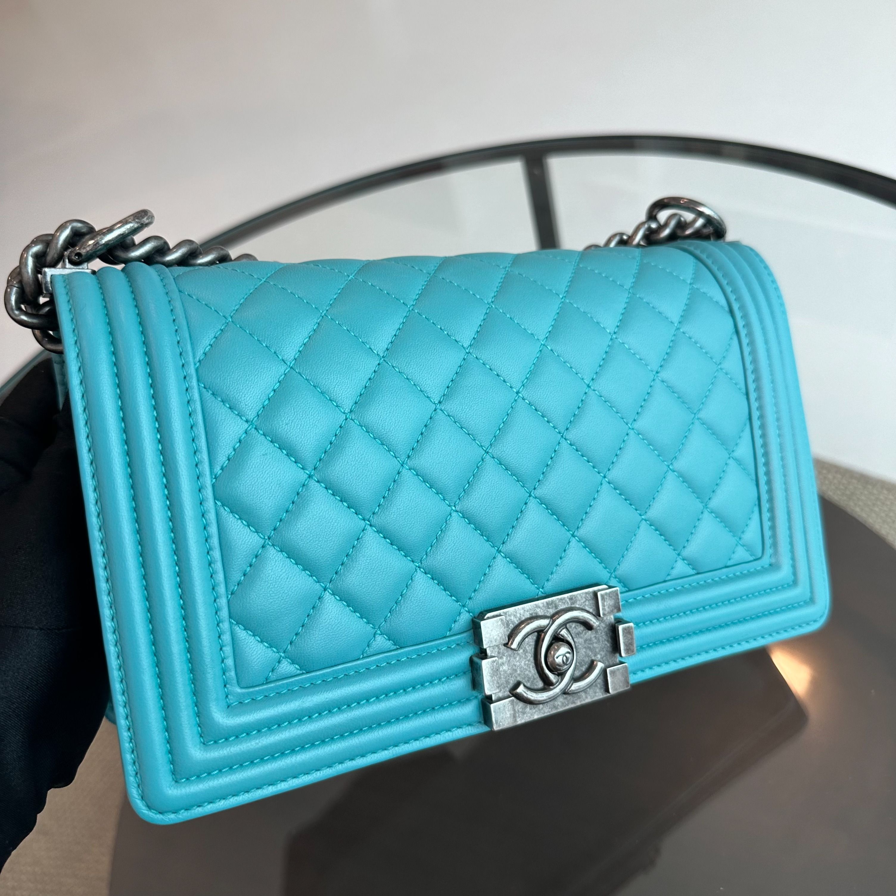 Chanel Boy Old Medium 25cm Lambskin Tiffany Baby Blue No 19 - Luxury Evermore