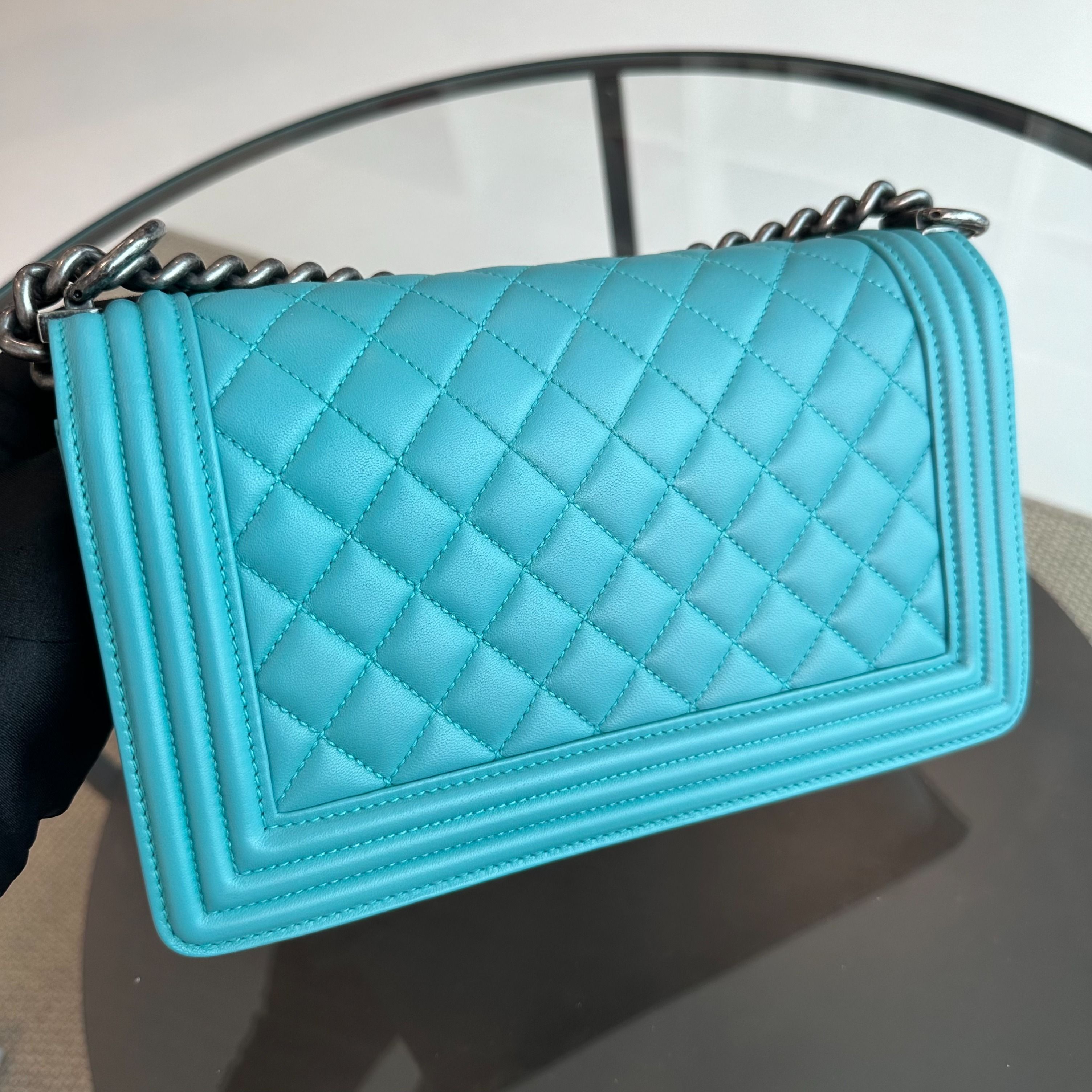 Chanel Boy Old Medium 25cm Lambskin Tiffany Baby Blue No 19 - Luxury Evermore