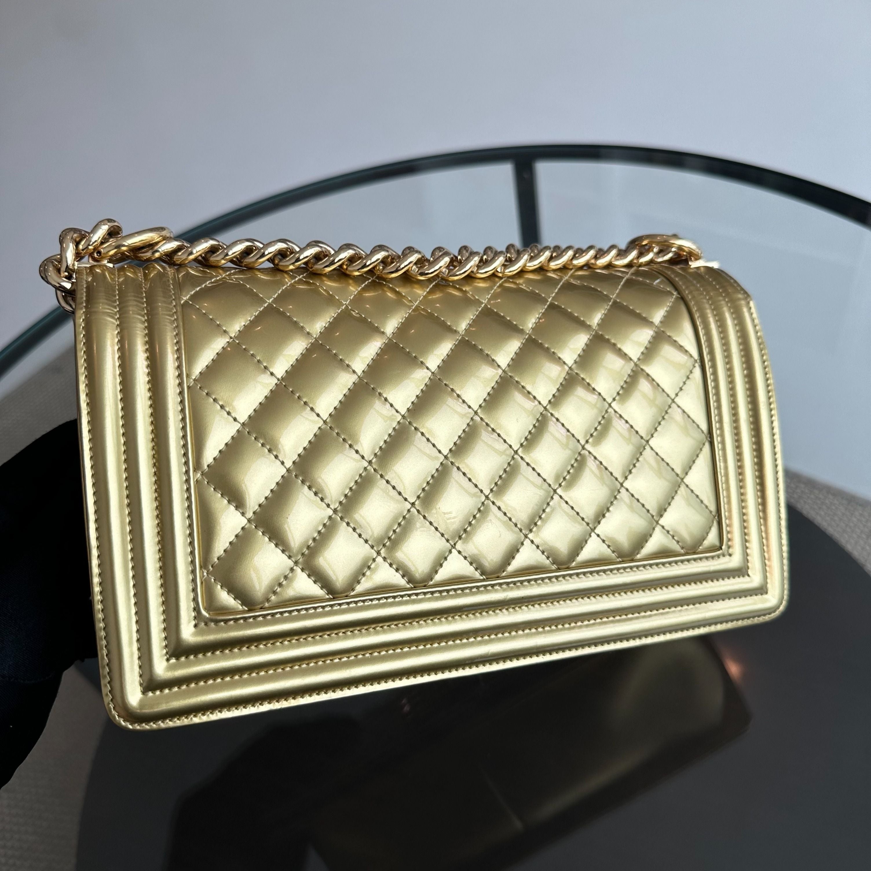 Chanel Boy Old Medium 25cm Patent Leather Gold GHW No 19 - Luxury Evermore