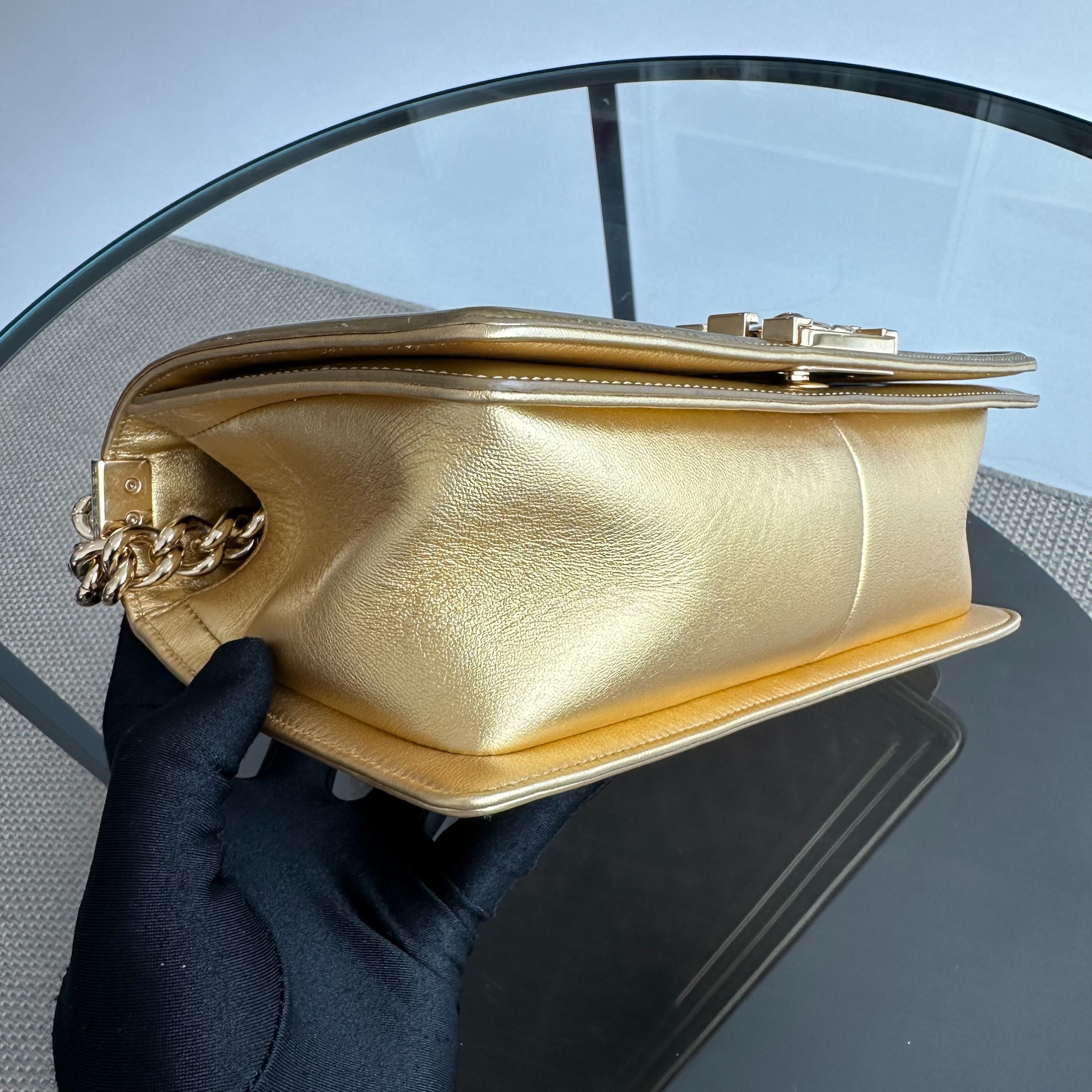 Chanel Boy Old Medium 25cm Patent Leather Gold GHW No 19 - Luxury Evermore