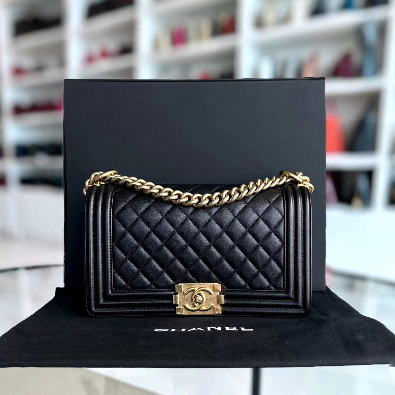 Chanel Boy Old Medium 25CM Quilted Calfskin Black Leboy Golden Hardware Series 20 - Luxury Evermore