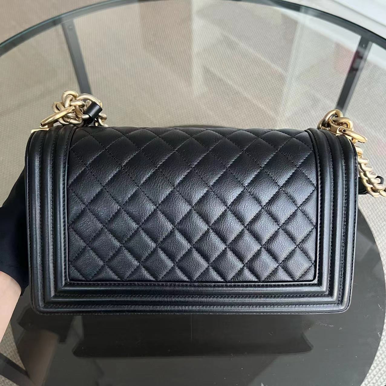 Chanel Boy Old Medium 25CM Quilted Calfskin Black Leboy Golden Hardware Series 20 - Luxury Evermore