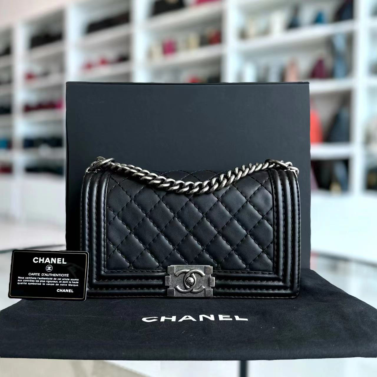 Chanel Boy Old Medium 25CM Quilted Calfskin Black Silver Hardware Leboy Series 18 - Luxury Evermore