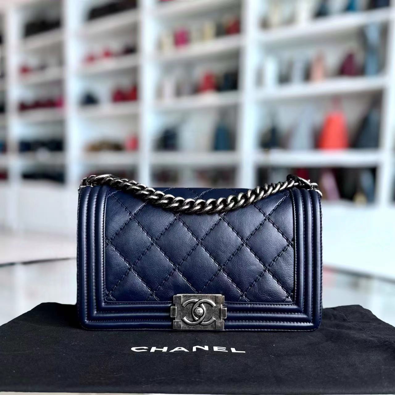 Chanel Boy Old Medium 25CM Quilted Calfskin Dark Blue RSHW No 19 - Luxury Evermore