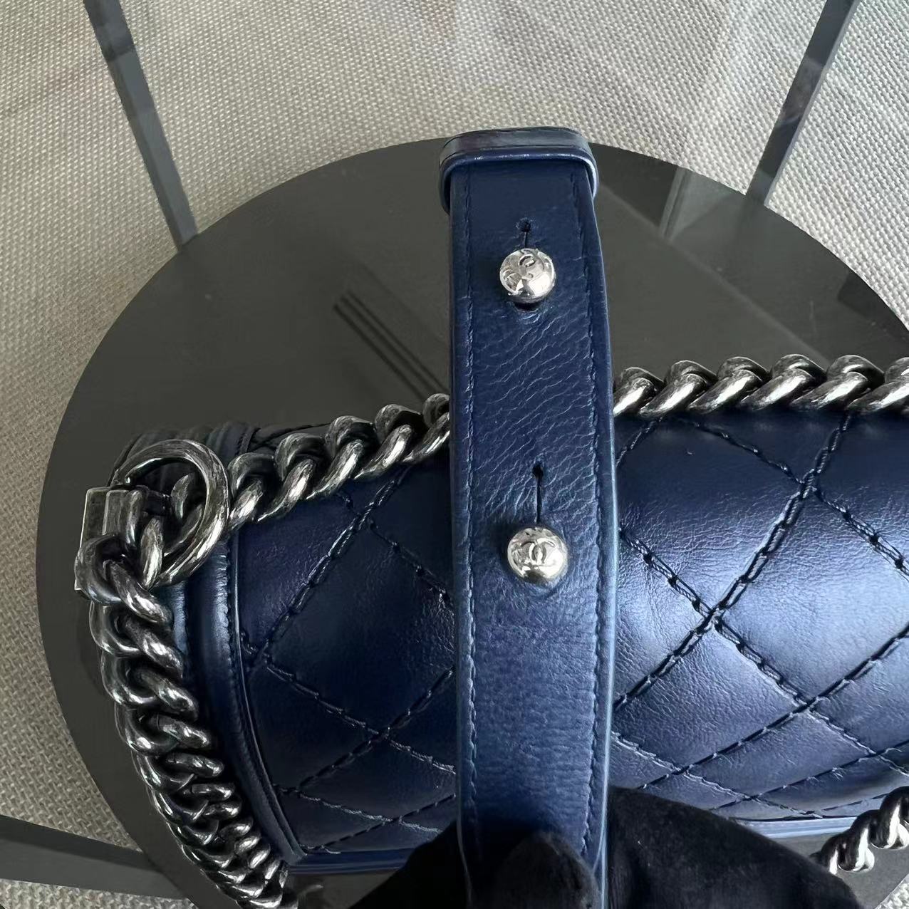 Chanel Boy Old Medium 25CM Quilted Calfskin Dark Blue RSHW No 19 - Luxury Evermore