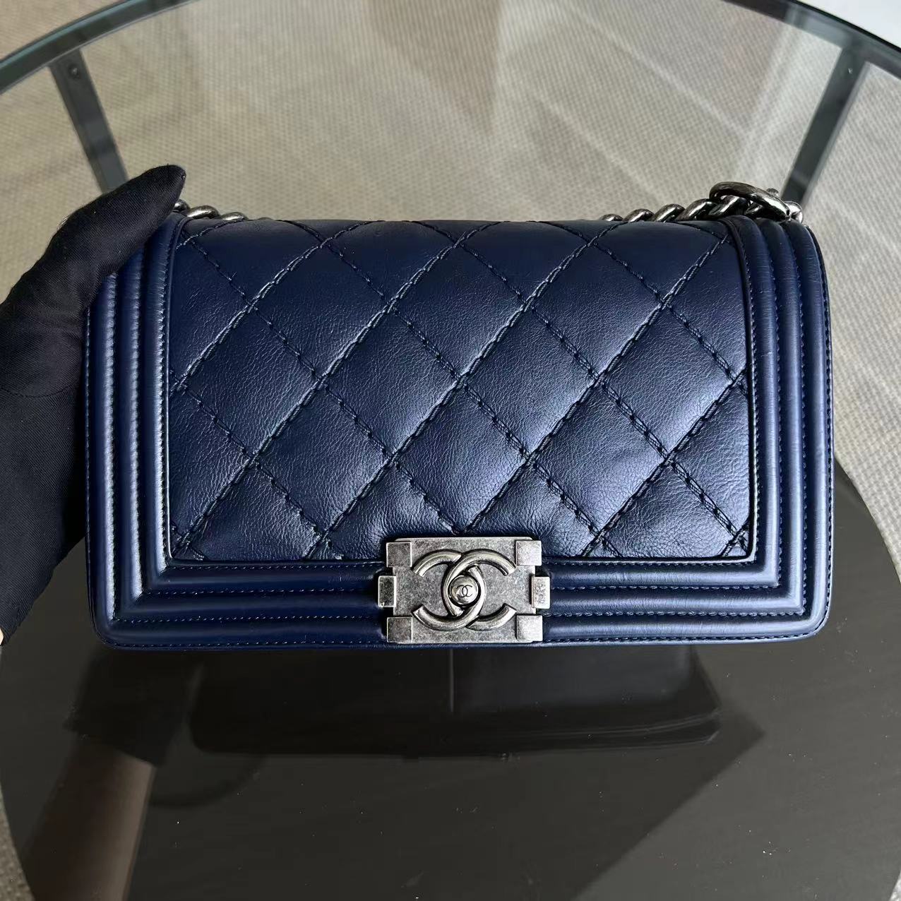 Chanel Boy Old Medium 25CM Quilted Calfskin Dark Blue RSHW No 19 - Luxury Evermore