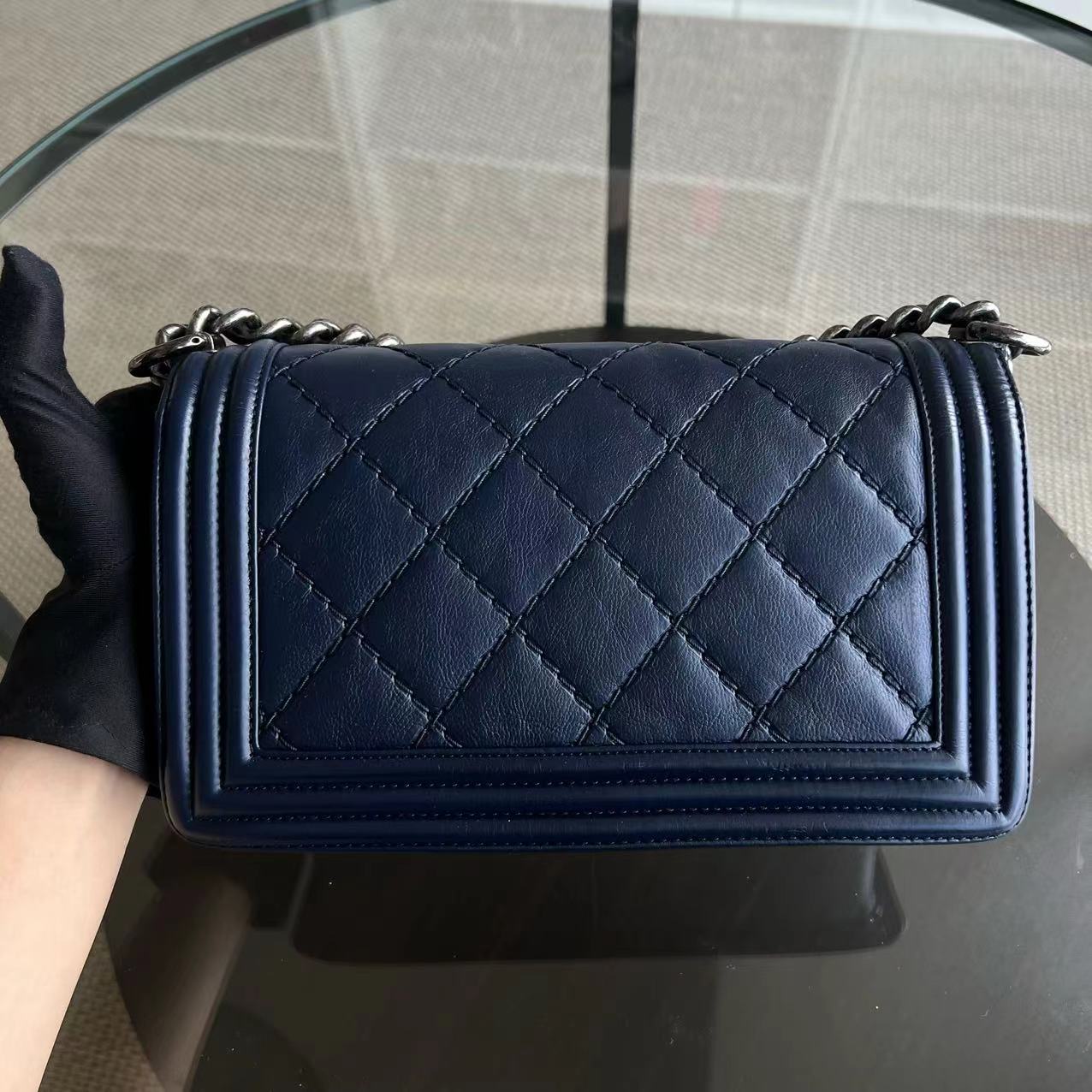 Chanel Boy Old Medium 25CM Quilted Calfskin Dark Blue RSHW No 19 - Luxury Evermore