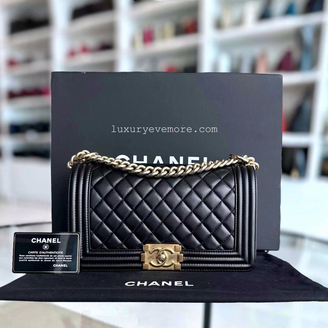 Chanel Boy Old Medium 25CM Quilted Lambskin Black Leboy Golden Hardware Series 23 - Luxury Evermore