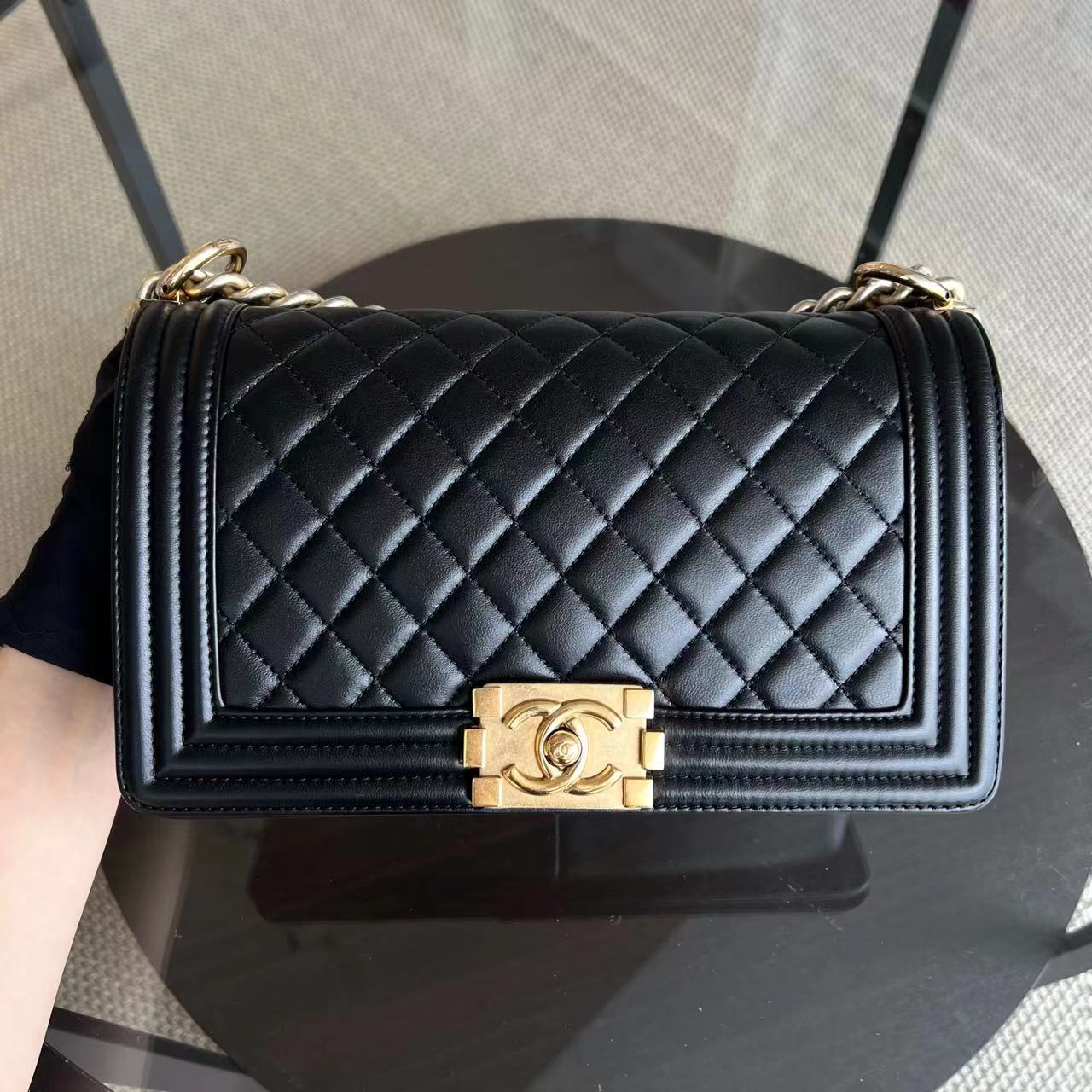 Chanel Boy Old Medium 25CM Quilted Lambskin Black Leboy Golden Hardware Series 23 - Luxury Evermore