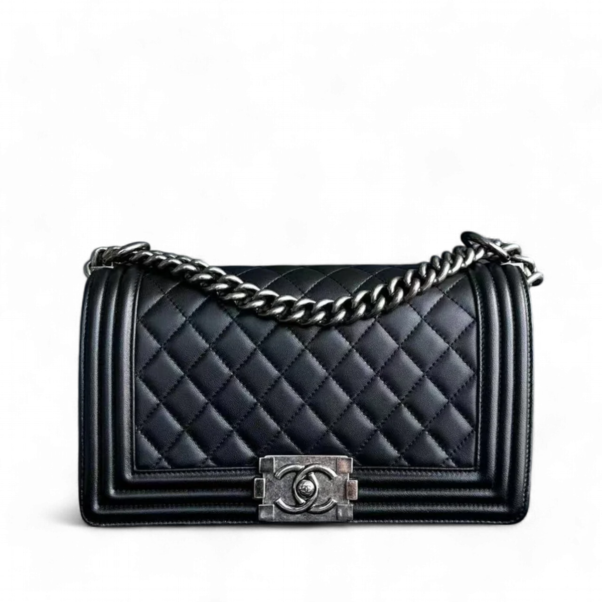 Chanel Boy Old Medium 25CM Quilted Lambskin Black Leboy Ruthenium Silver Hardware