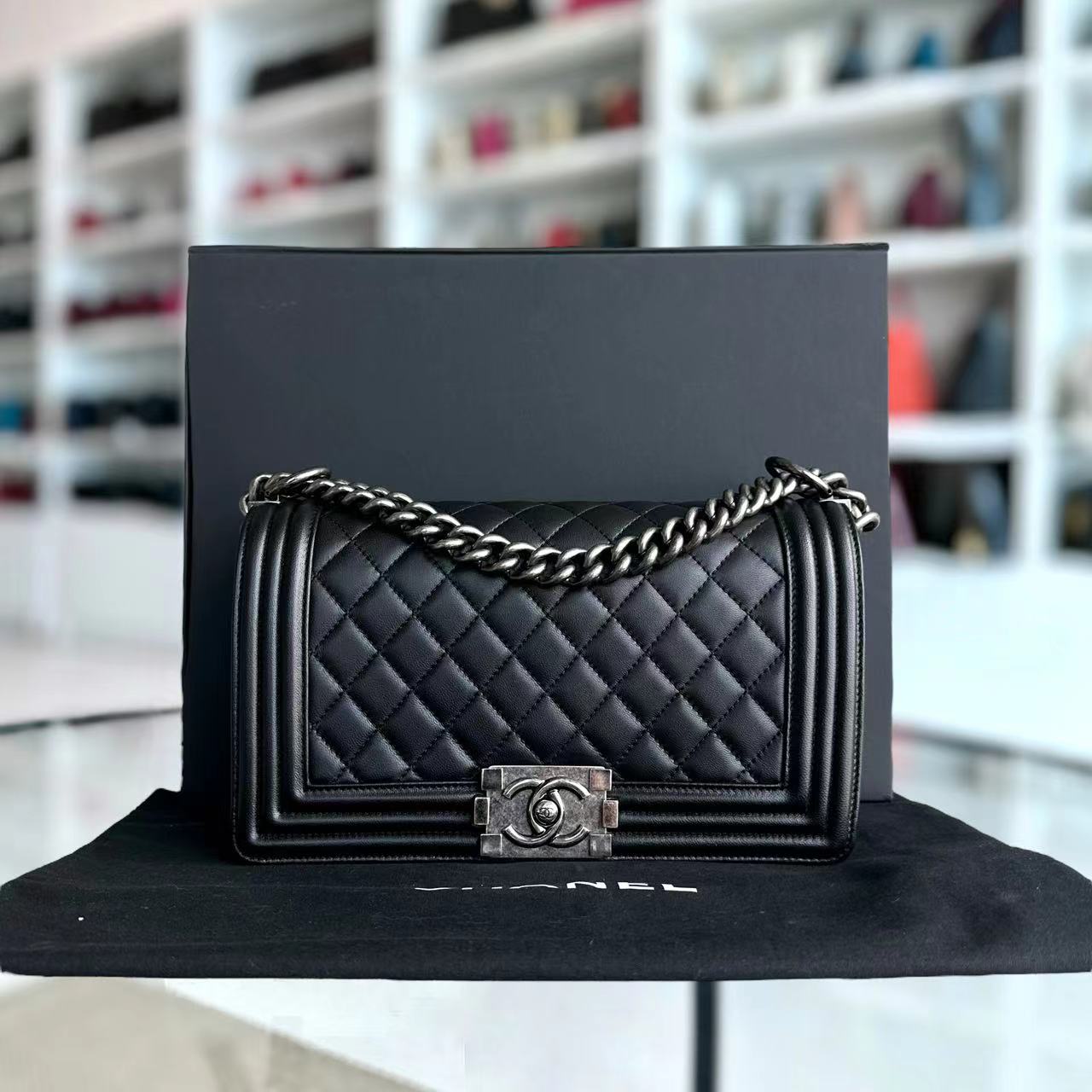 Chanel Boy Old Medium 25CM Quilted Lambskin Black Leboy Ruthenium Silver Hardware - Luxury Evermore