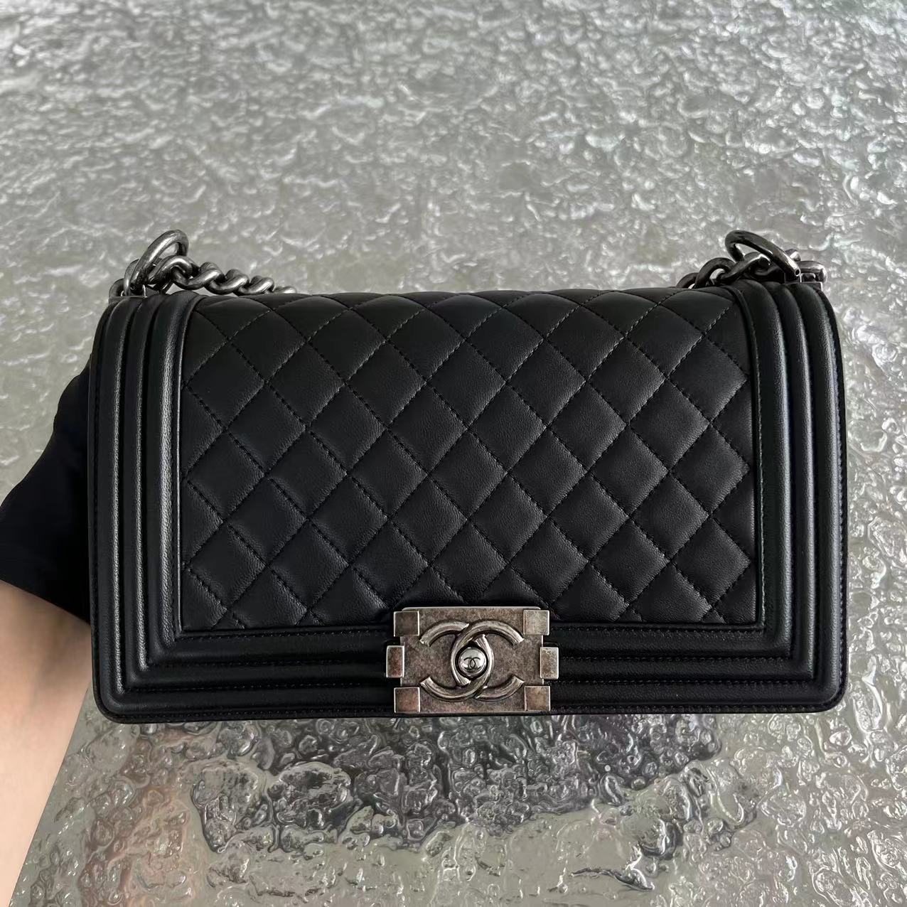 Chanel Boy Old Medium 25CM Quilted Lambskin Black Leboy Ruthenium Silver Hardware - Luxury Evermore