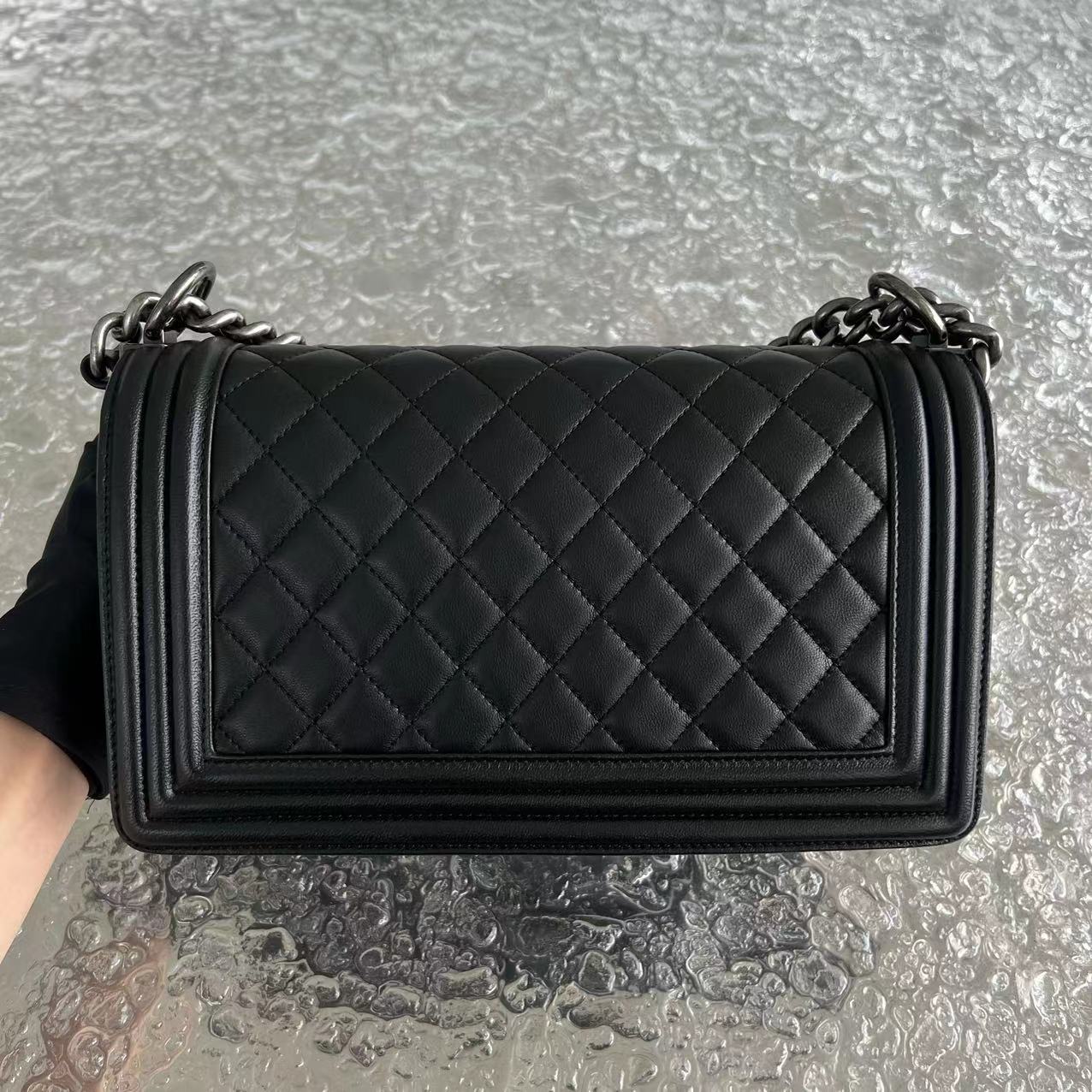 Chanel Boy Old Medium 25CM Quilted Lambskin Black Leboy Ruthenium Silver Hardware - Luxury Evermore