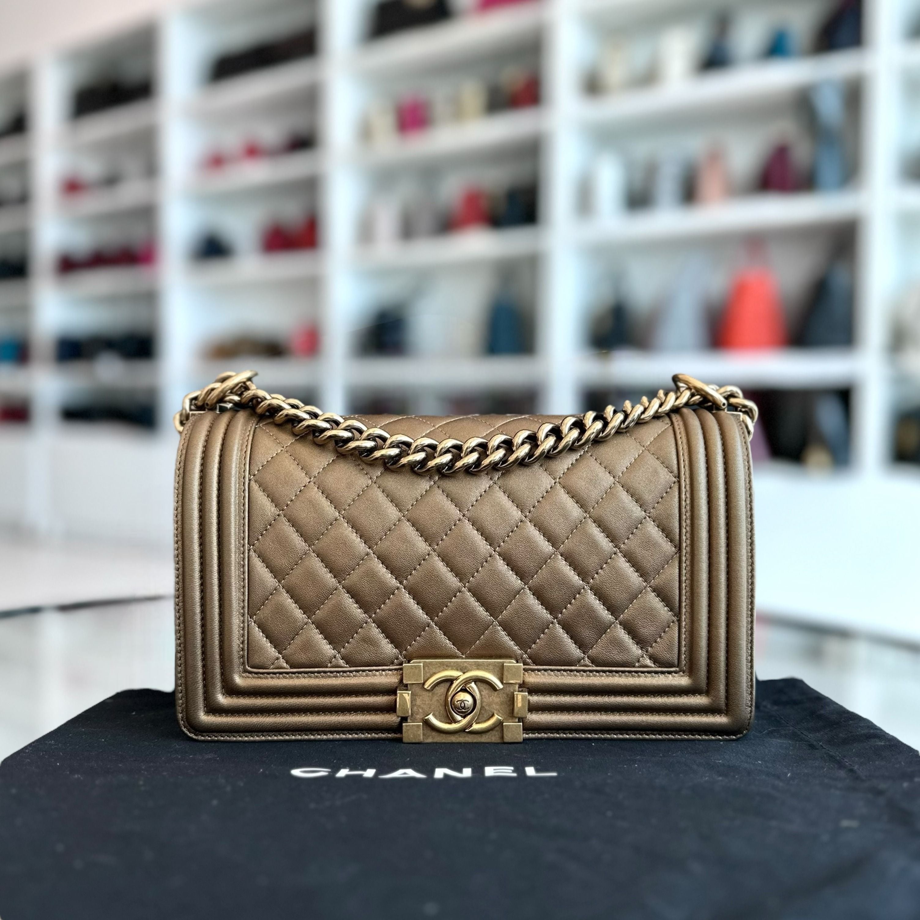 Chanel Boy Old Medium 25CM Quilted Lambskin Bronze GHW No 16 - Luxury Evermore