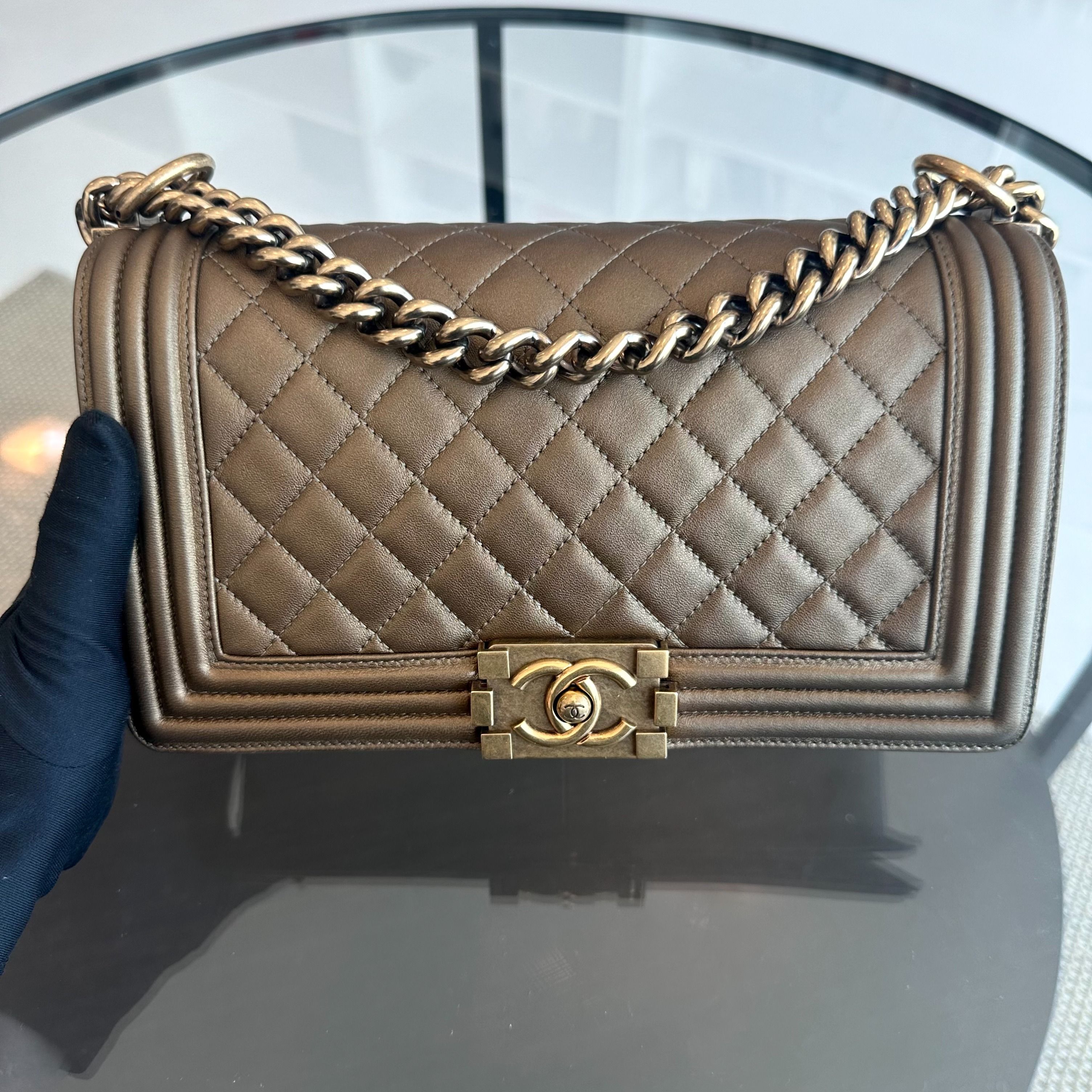 Chanel Boy Old Medium 25CM Quilted Lambskin Bronze GHW No 16 - Luxury Evermore