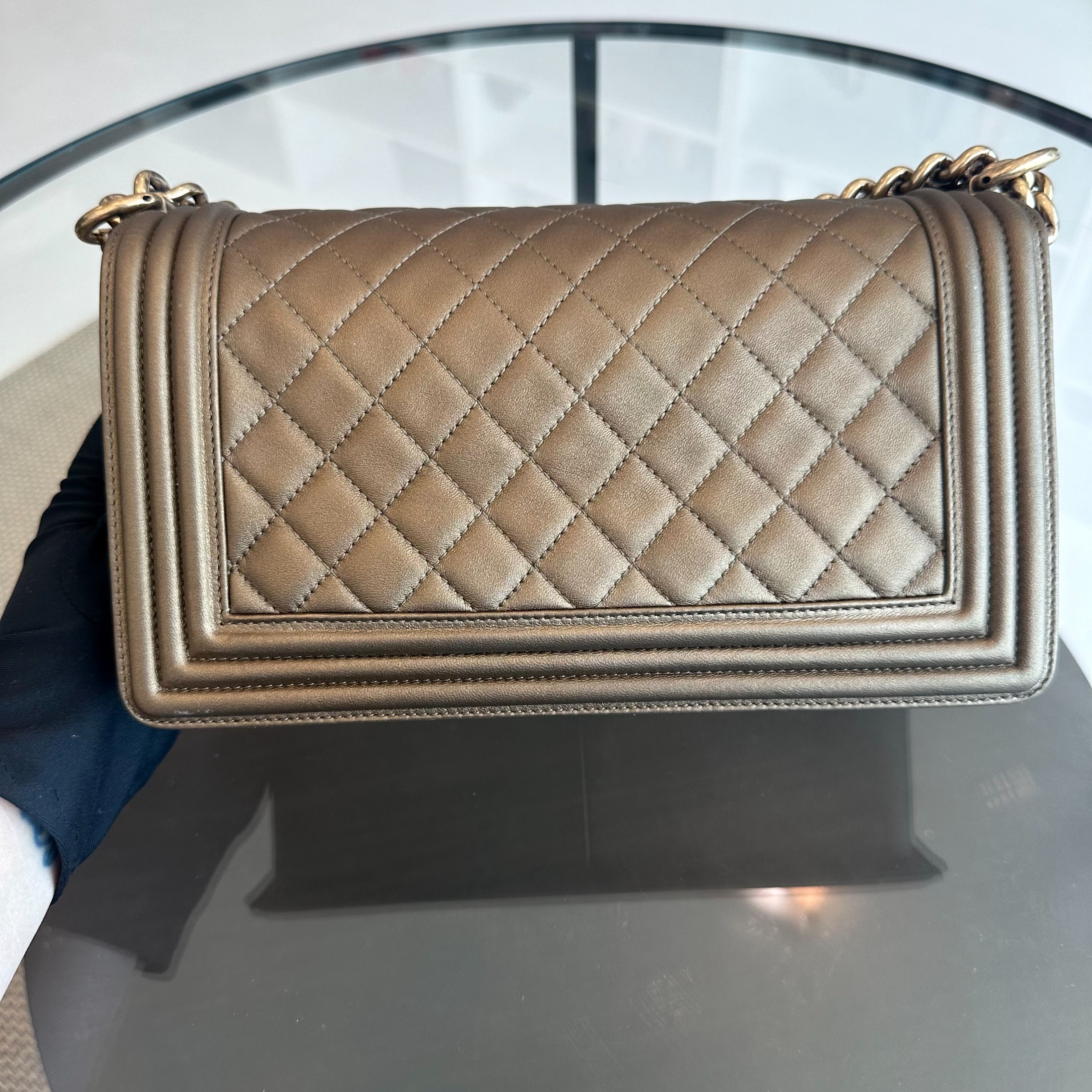 Chanel Boy Old Medium 25CM Quilted Lambskin Bronze GHW No 16 - Luxury Evermore