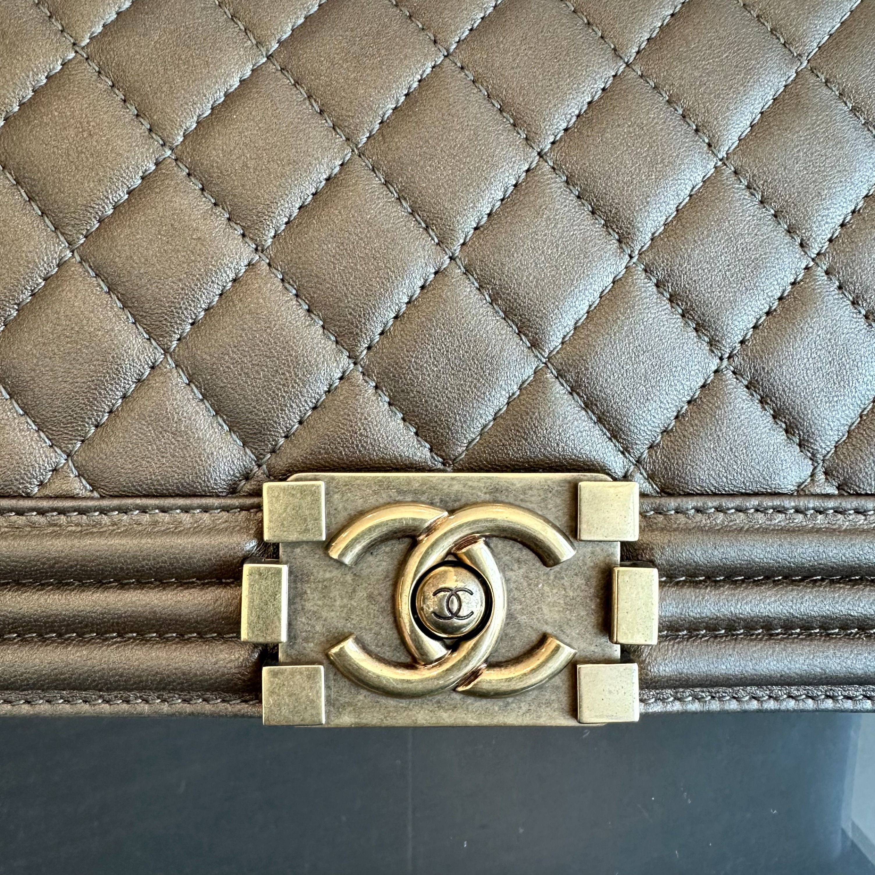 Chanel Boy Old Medium 25CM Quilted Lambskin Bronze GHW No 16 - Luxury Evermore