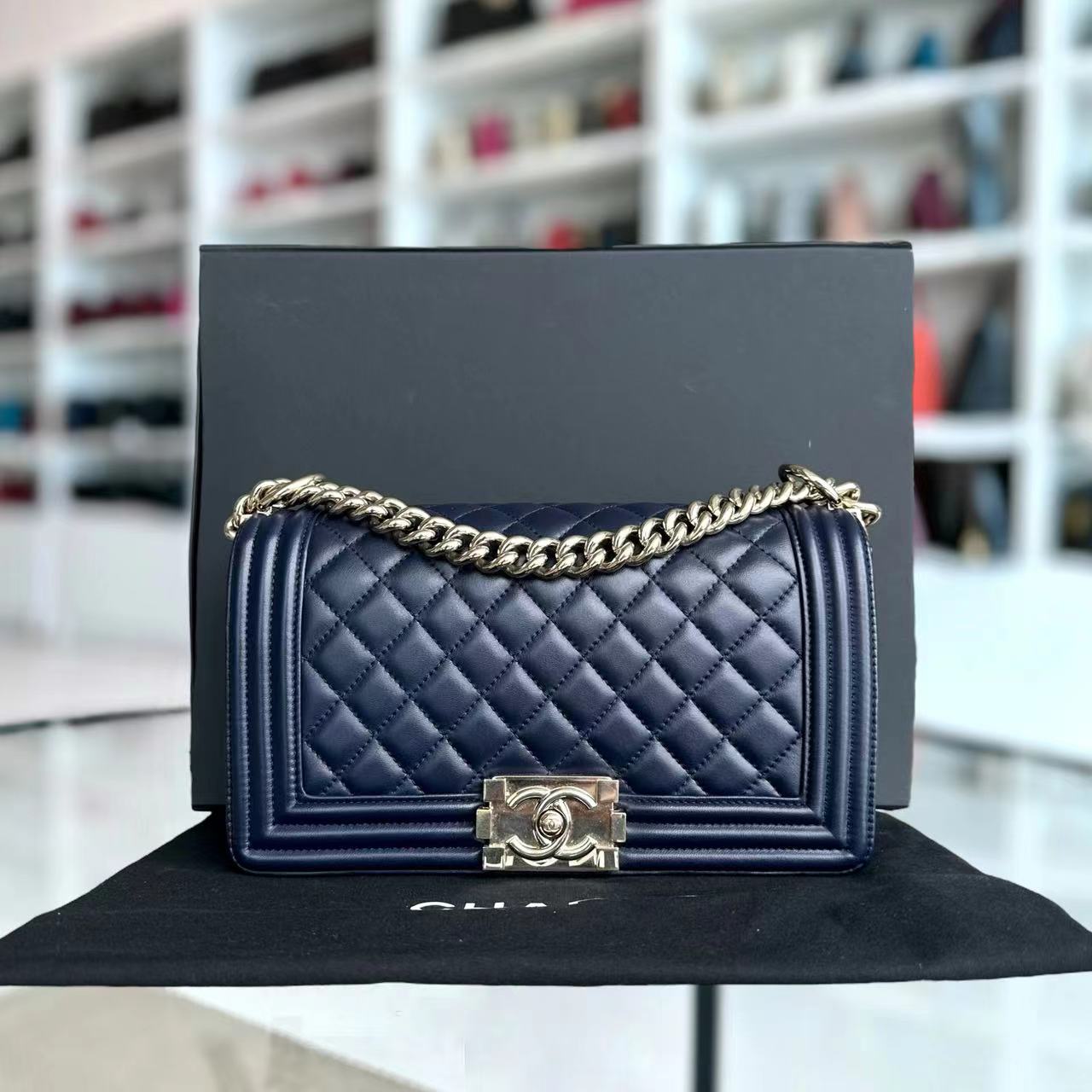 Chanel Boy Old Medium 25CM Quilted Lambskin Dark Blue Leboy Golden Hardware Series 22 - Luxury Evermore