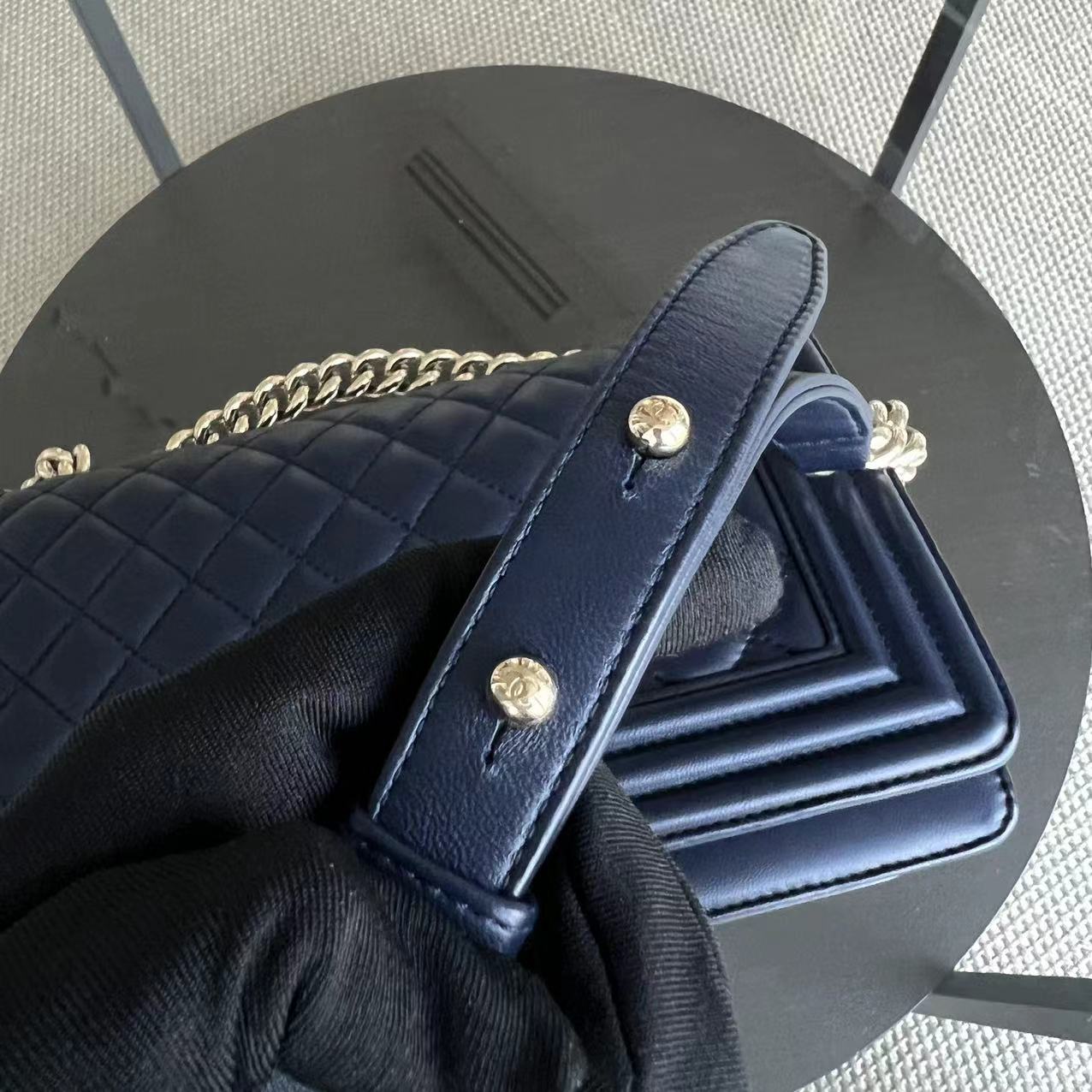 Chanel Boy Old Medium 25CM Quilted Lambskin Dark Blue Leboy Golden Hardware Series 22 - Luxury Evermore