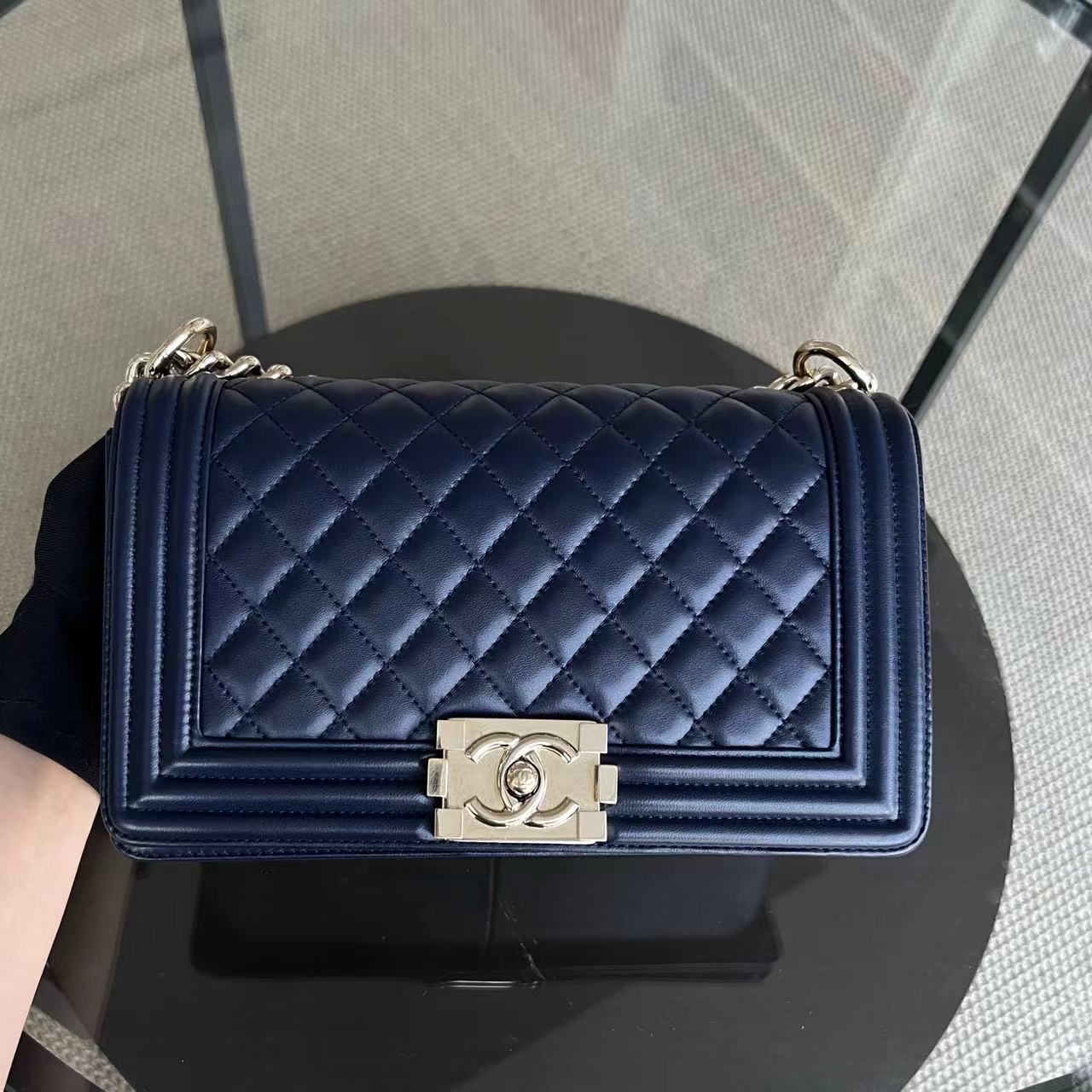 Chanel Boy Old Medium 25CM Quilted Lambskin Dark Blue Leboy Golden Hardware Series 22 - Luxury Evermore