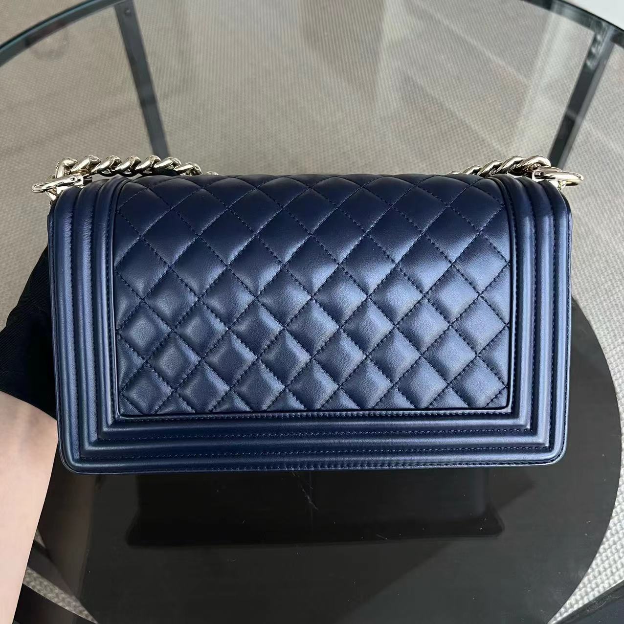 Chanel Boy Old Medium 25CM Quilted Lambskin Dark Blue Leboy Golden Hardware Series 22 - Luxury Evermore