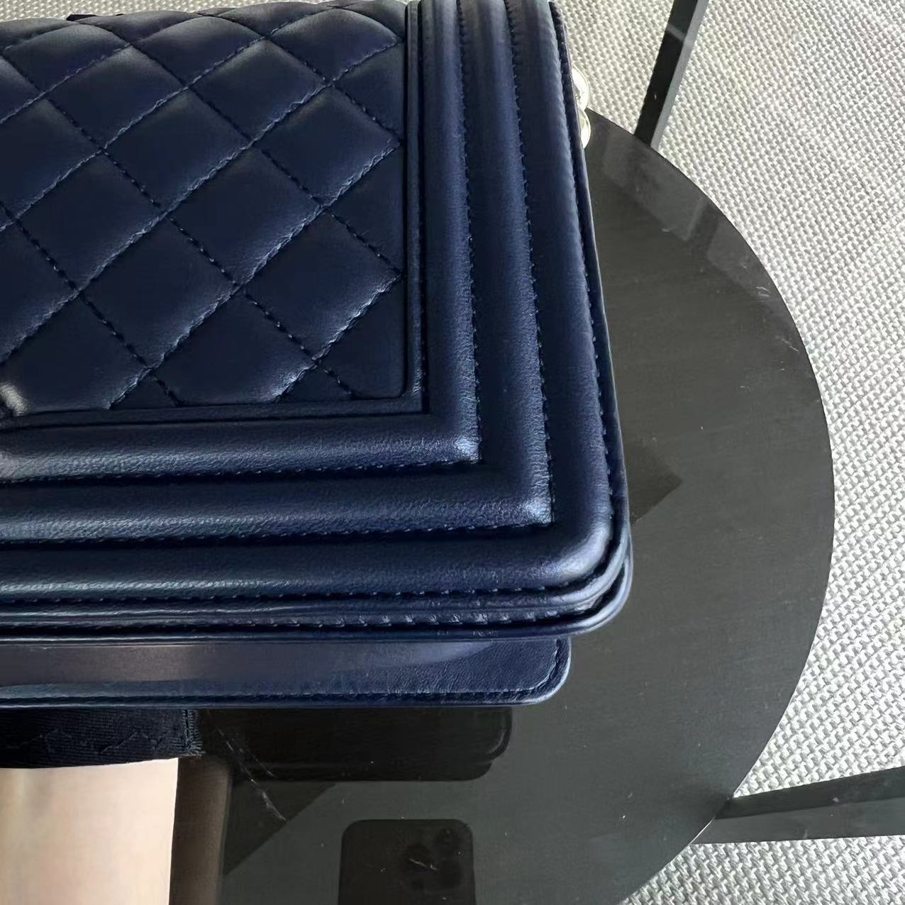 Chanel Boy Old Medium 25CM Quilted Lambskin Dark Blue Leboy Golden Hardware Series 22 - Luxury Evermore