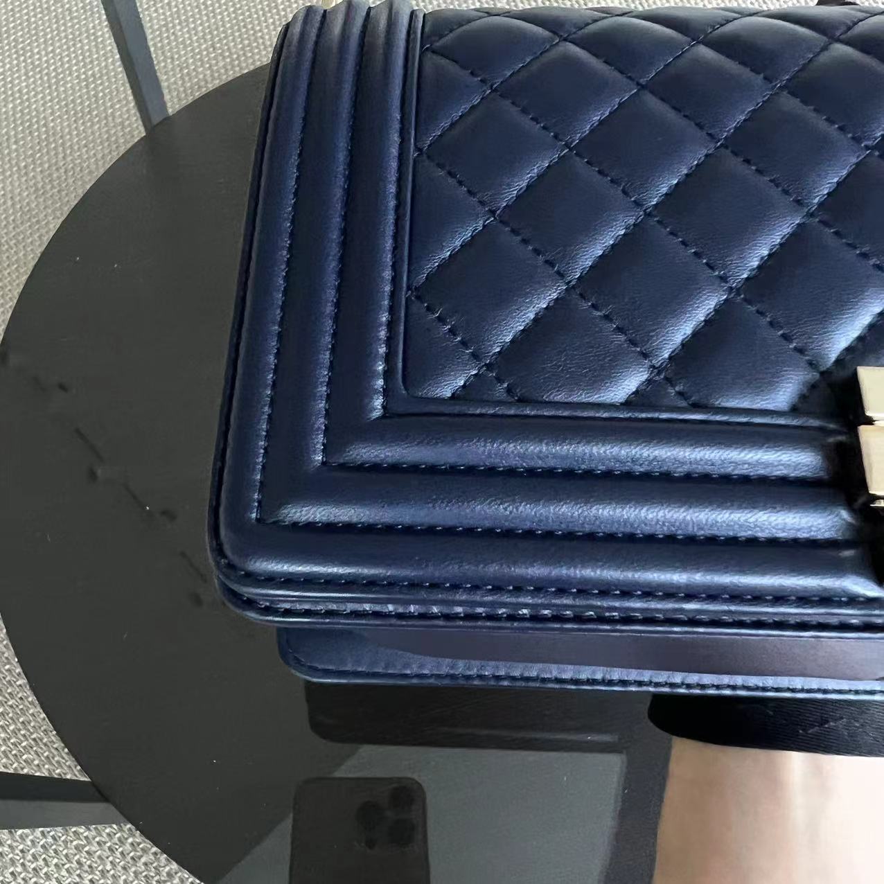 Chanel Boy Old Medium 25CM Quilted Lambskin Dark Blue Leboy Golden Hardware Series 22 - Luxury Evermore