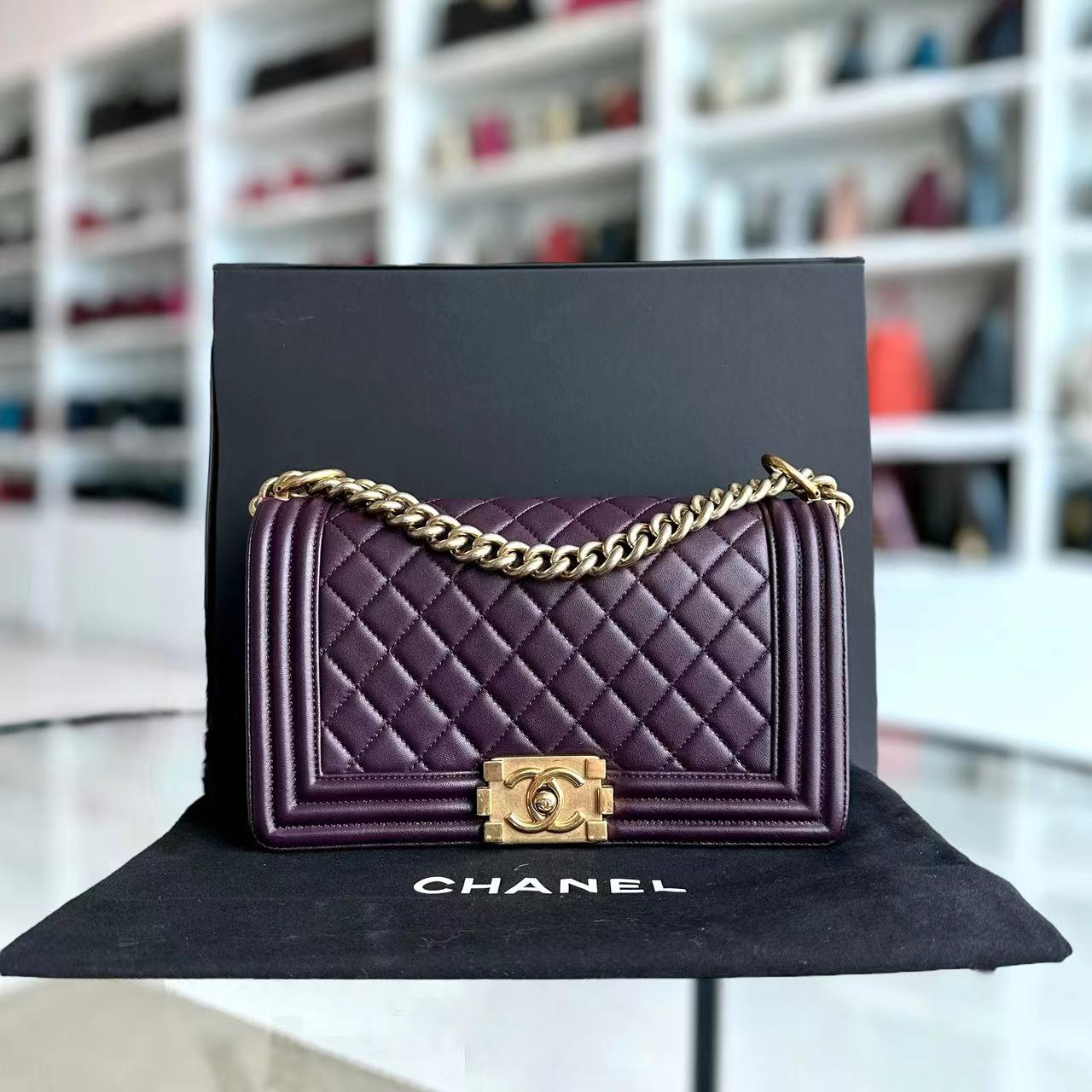 Chanel Boy Old Medium 25CM Quilted Lambskin Dark Purple Violet Leboy Golden Hardware Series 23 - Luxury Evermore