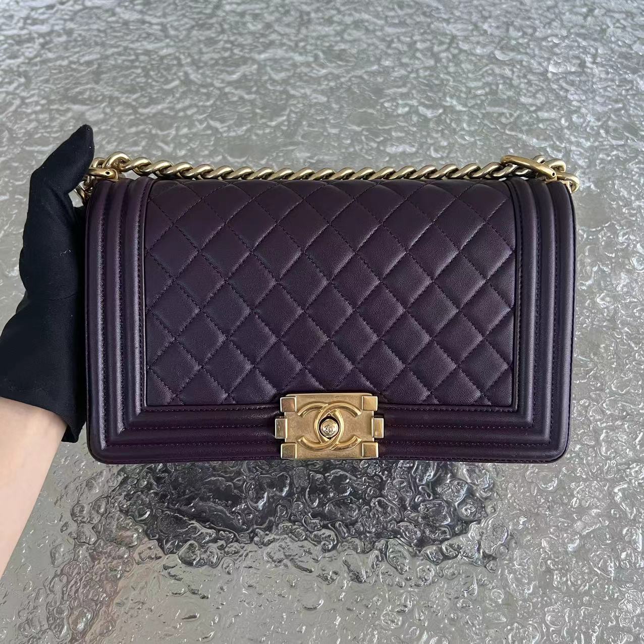 Chanel Boy Old Medium 25CM Quilted Lambskin Dark Purple Violet Leboy Golden Hardware Series 23 - Luxury Evermore