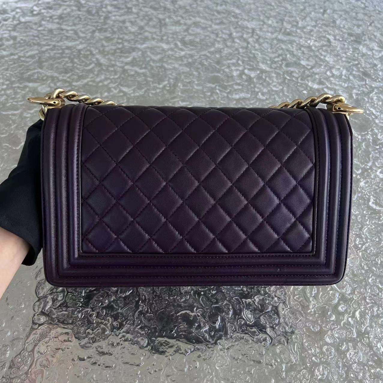 Chanel Boy Old Medium 25CM Quilted Lambskin Dark Purple Violet Leboy Golden Hardware Series 23 - Luxury Evermore